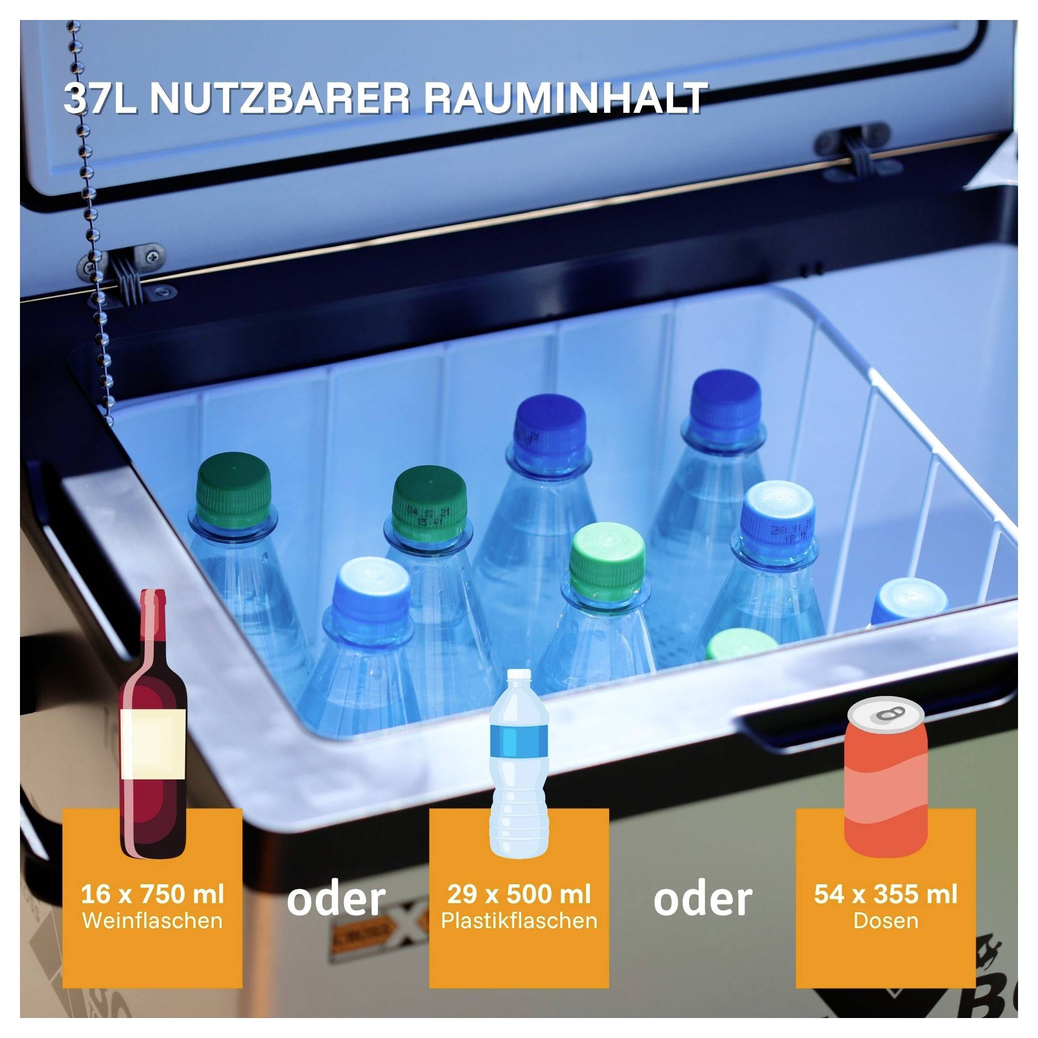 Kühlbox mit 37 l Nutzinhalt, zeigt alternativ 16 Weinflaschen, 29 Plastikflaschen oder 54 Dosen.