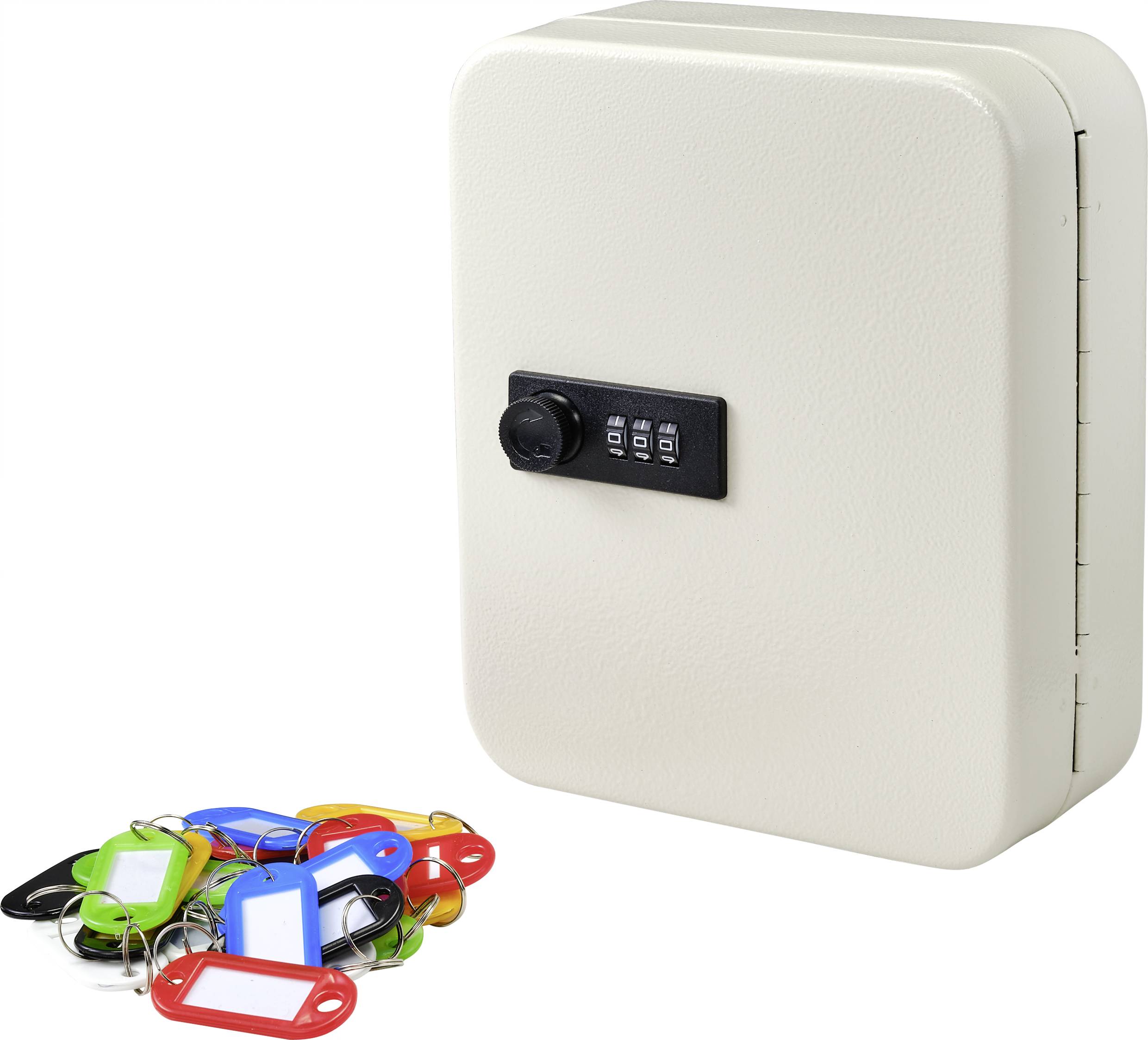 Metallschlüsselkasten mit Kombinationsschloss und mehreren bunten Schlüsselanhängern davor.