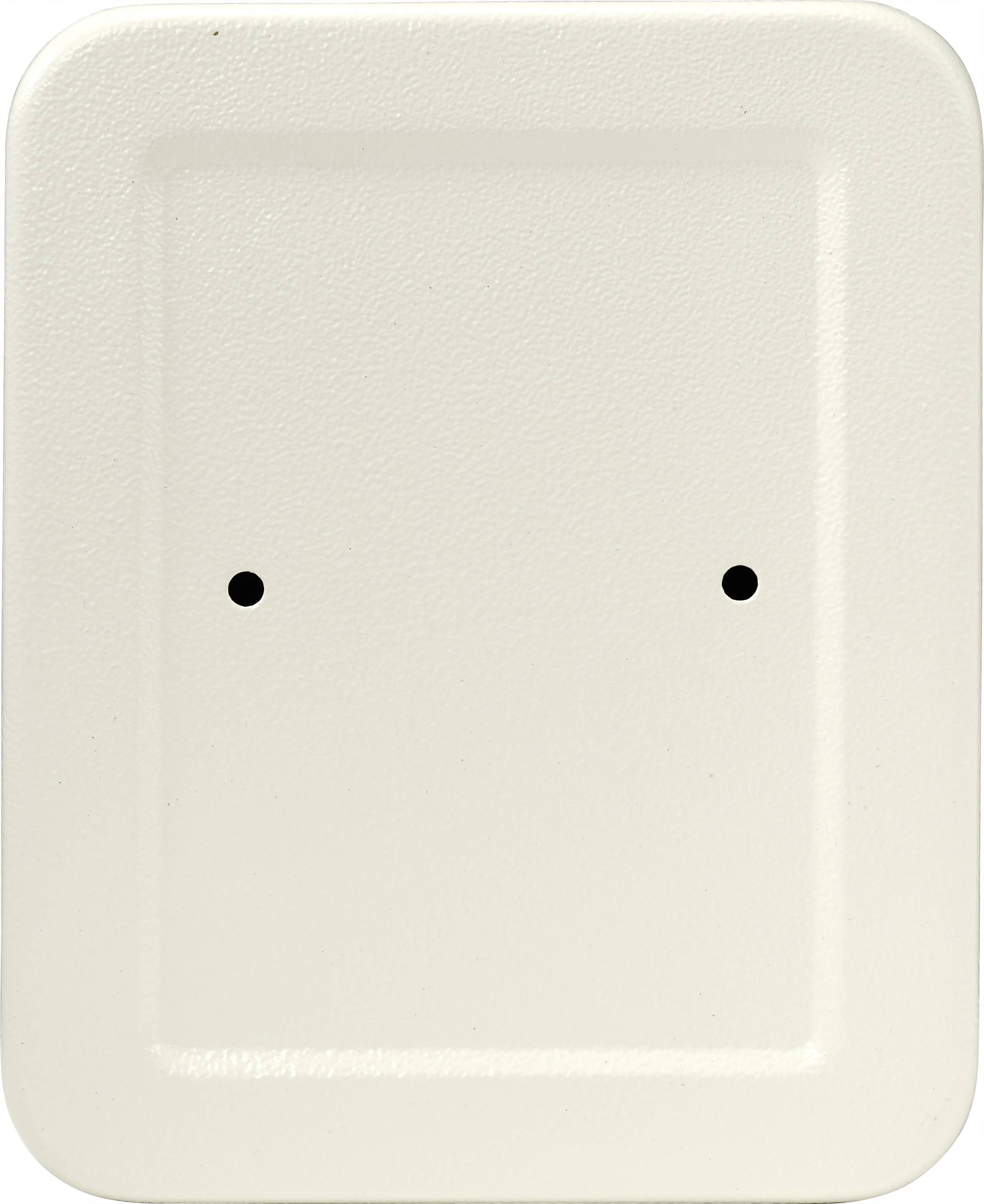 Ein rechteckiges, beigefarbenes Gehäuse mit zwei kleinen schwarzen Punkten in der Mitte, wahrscheinlich Teil eines Steckdosen- oder Schaltergehäuses.