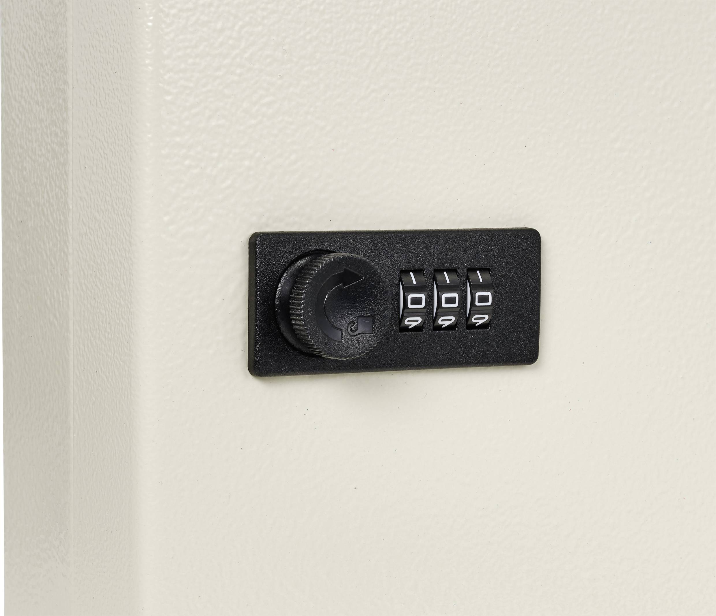 Ein Tresor mit einem Zahlenschloss, bestehend aus vier schwarzen Ziffernrädern und einem Drehknopf. Hintergrund ist hell.