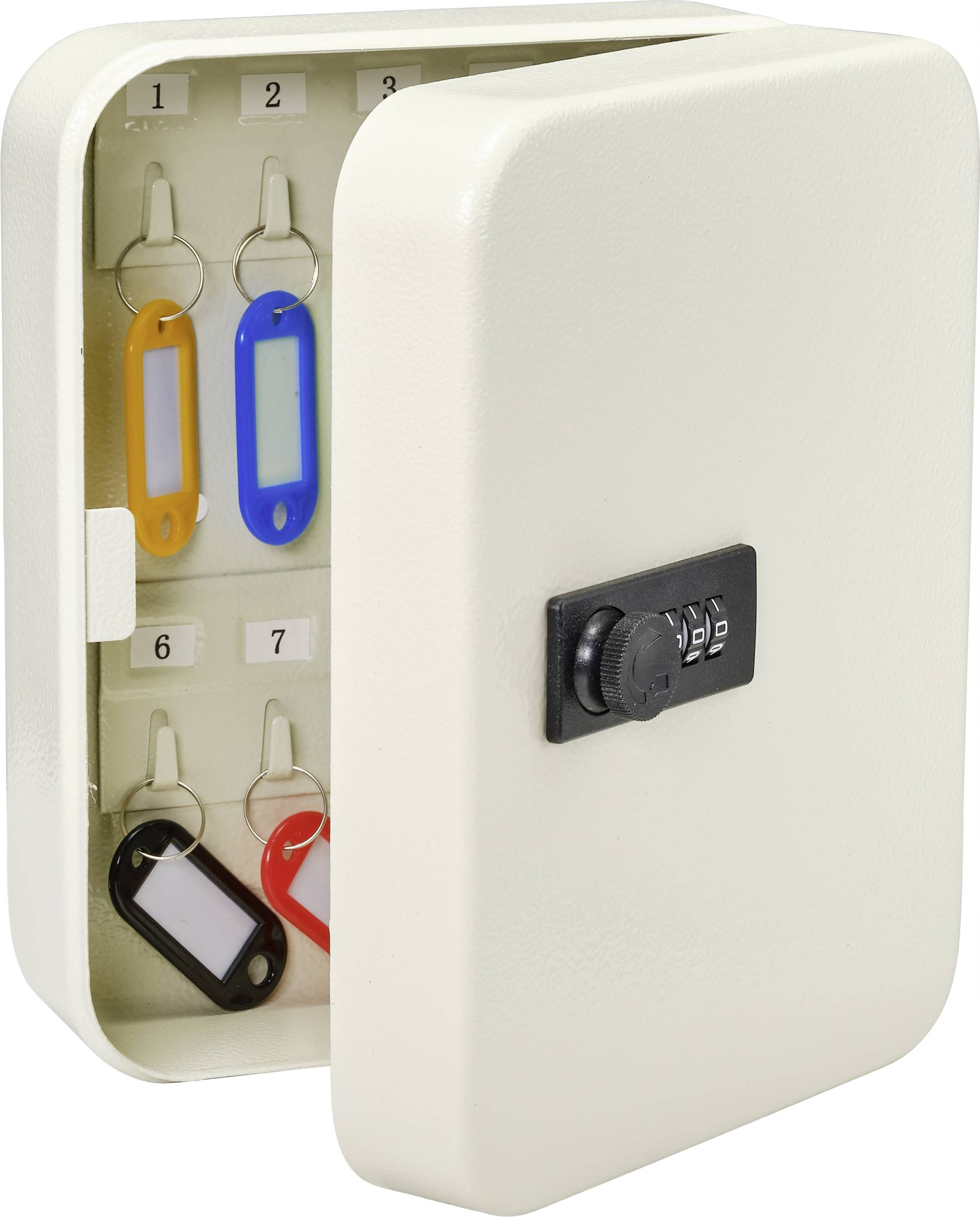 Metallschlüsselkasten mit Zahlenschloss, geöffnet. Enthält nummerierte Schlüsselanhänger in verschiedenen Farben für organisierte Aufbewahrung.