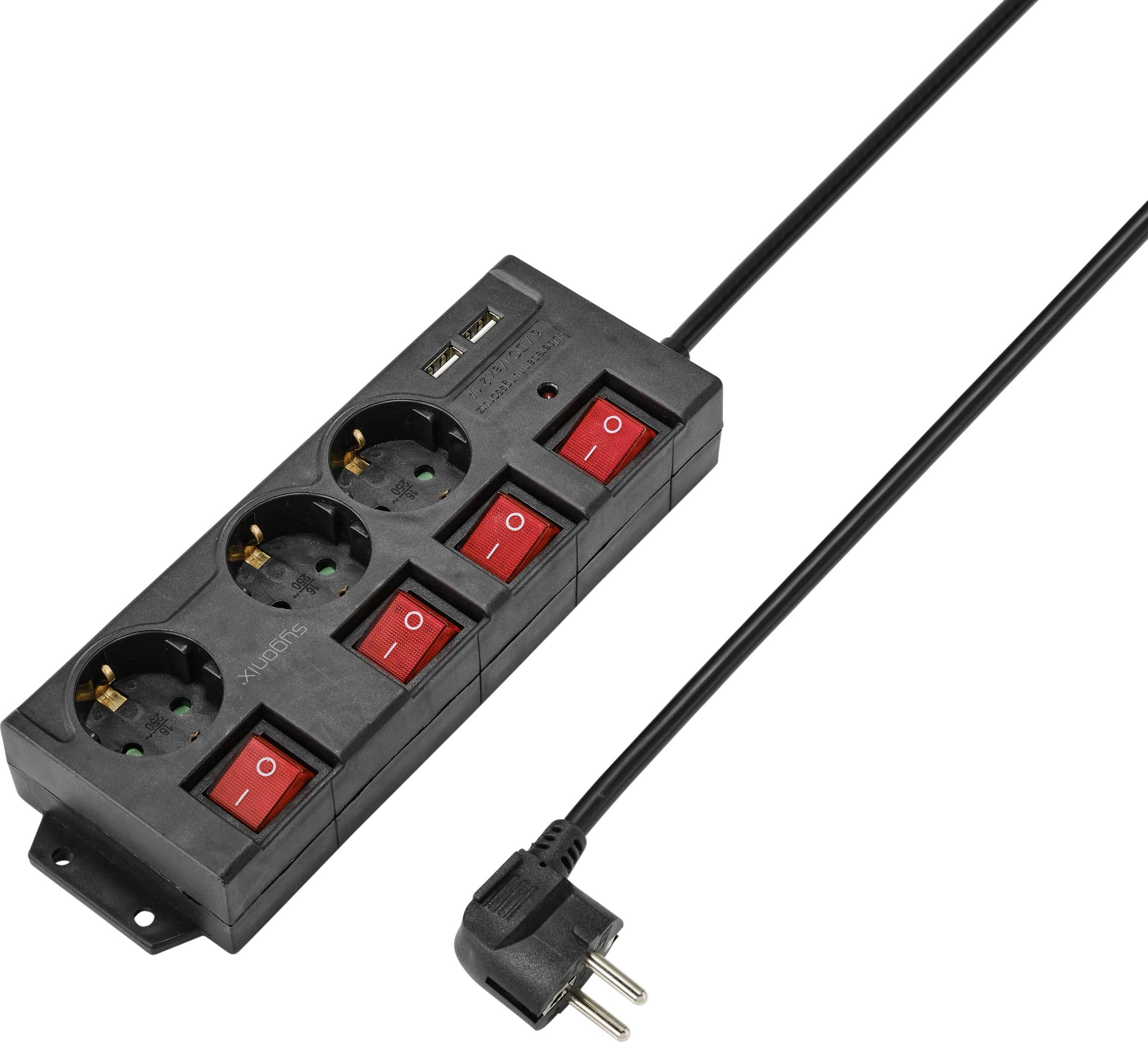 Schwarze Steckdosenleiste mit vier Steckplätzen, jeweils mit rotem Schalter, und zwei USB-Anschlüssen; hat ein langes Kabel.