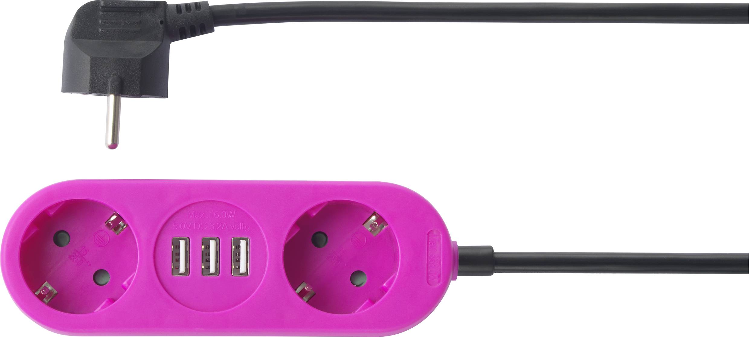 Eine pinke Steckdosenleiste mit drei Steckplätzen, darunter zwei reguläre Steckdosen und drei USB-Anschlüsse, verbunden mit einem schwarzen Netzkabel.