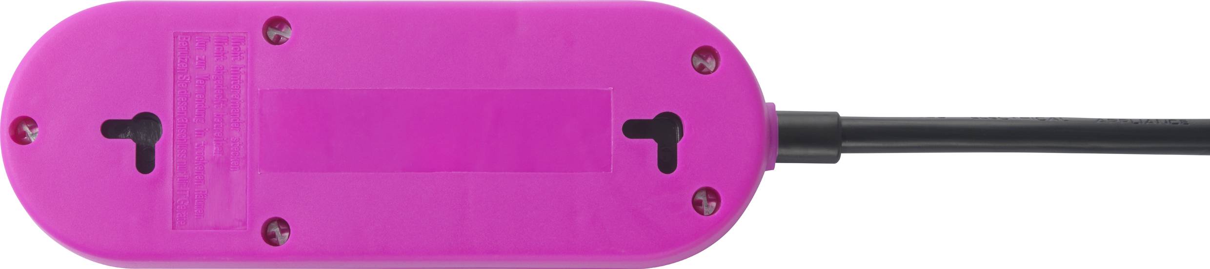 Ein pinker Adapter mit schwarzem Kabel, Rückansicht mit Schraubenhüllen und Wandbefestigungsmöglichkeiten sichtbar.