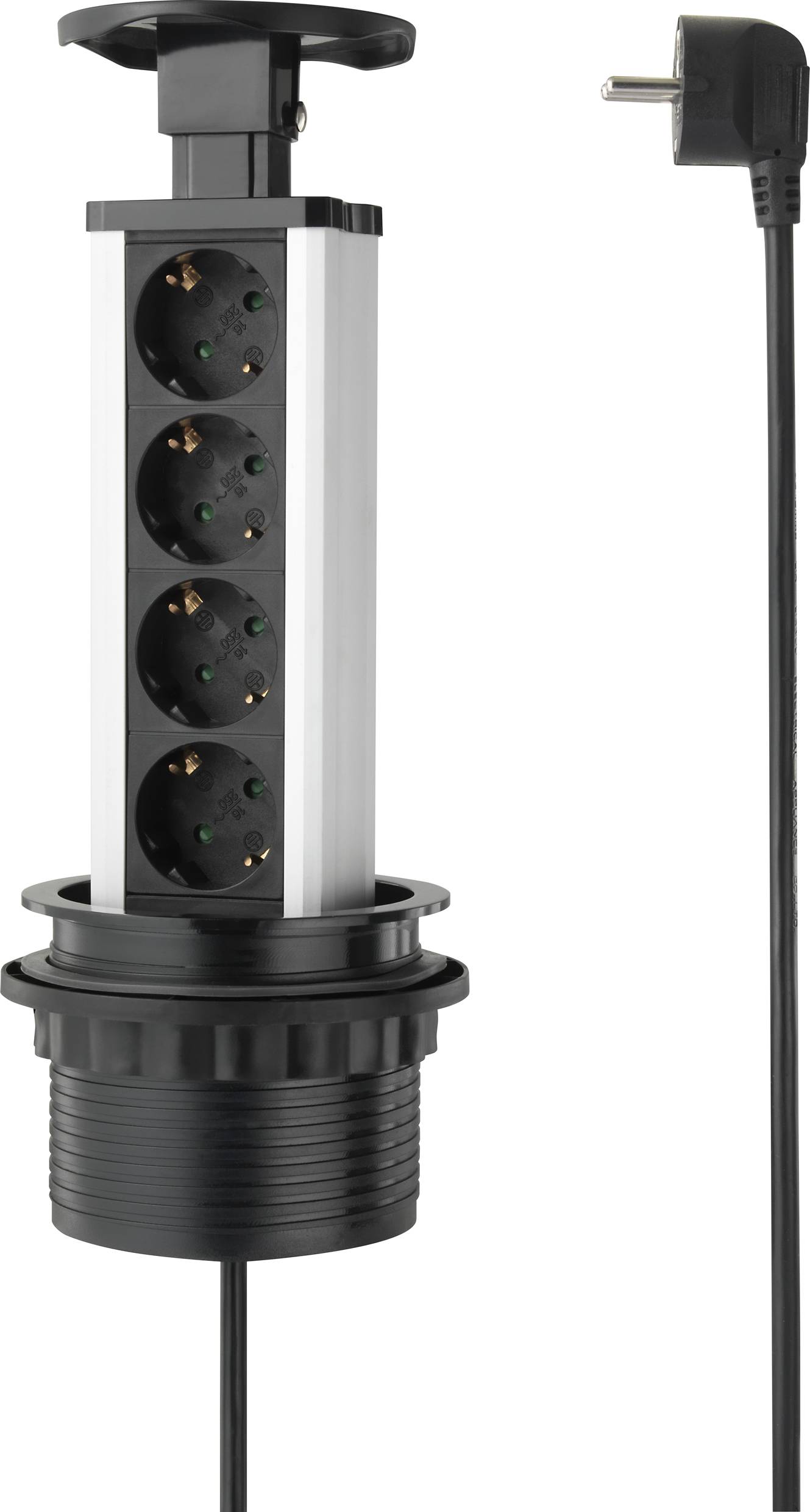 Eine versenkbare Steckdosenleiste mit vier Steckplätzen und einem Kabel mit Stecker für den Anschluss an eine Stromquelle.