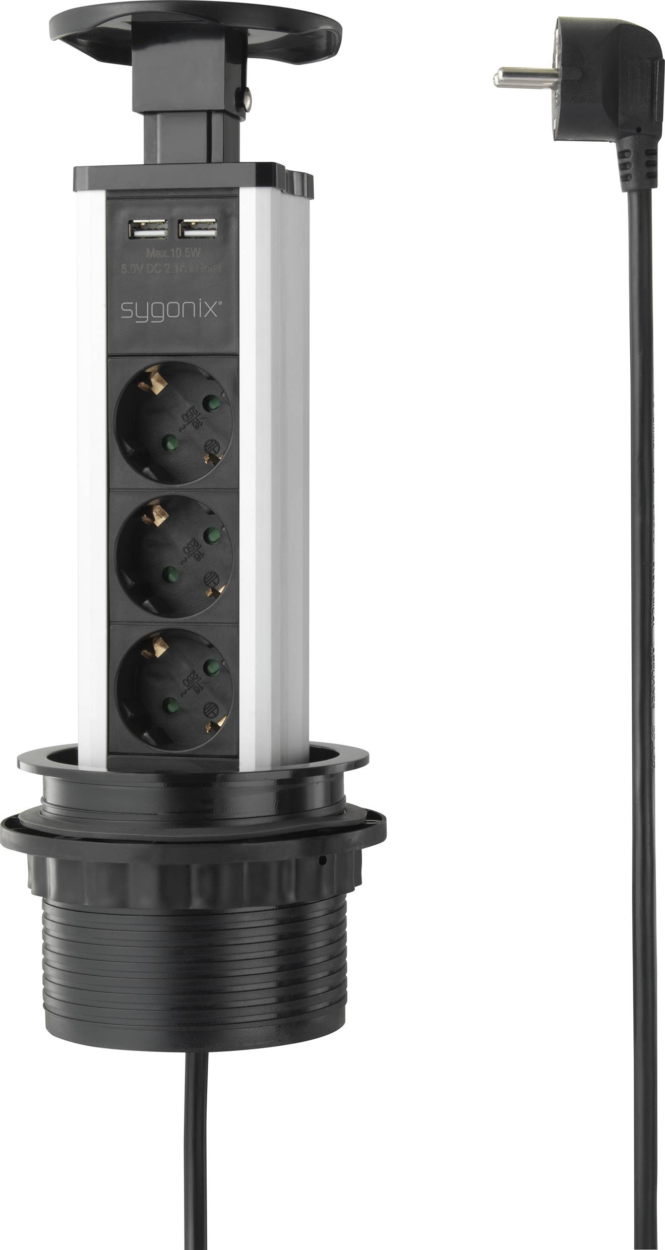 Ausziehbare Mehrfachsteckdose mit drei Steckplätzen, zwei USB-Anschlüssen und einem Stromkabel, geeignet für den Einbau in Arbeitsplatten.