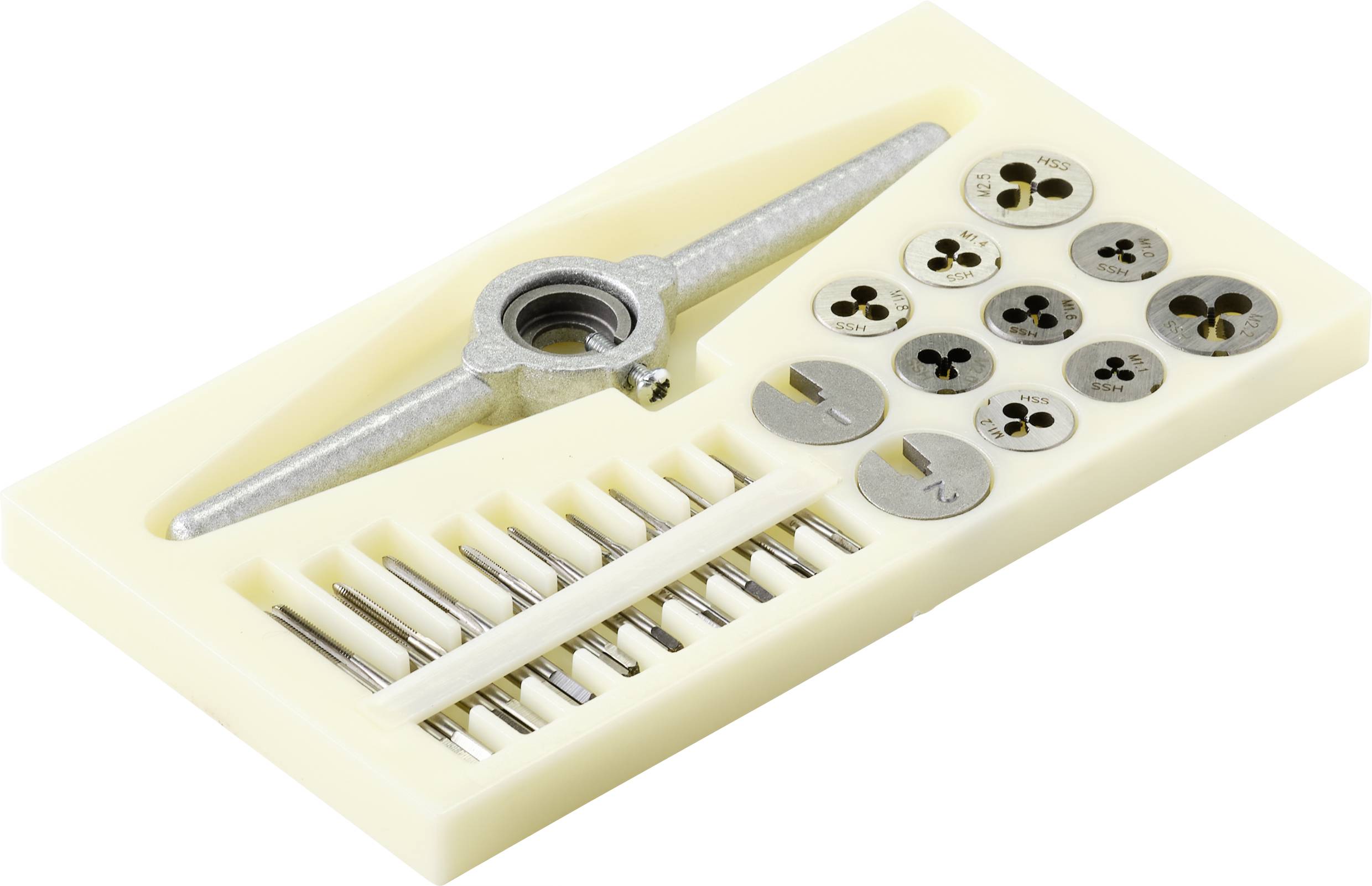 TOOLCRAFT TO-7106694 Einschnittgewindebohrer-Set 30teilig HSS M1, M1.1, M1.2, M1.4, M1.6, M1.8, M2