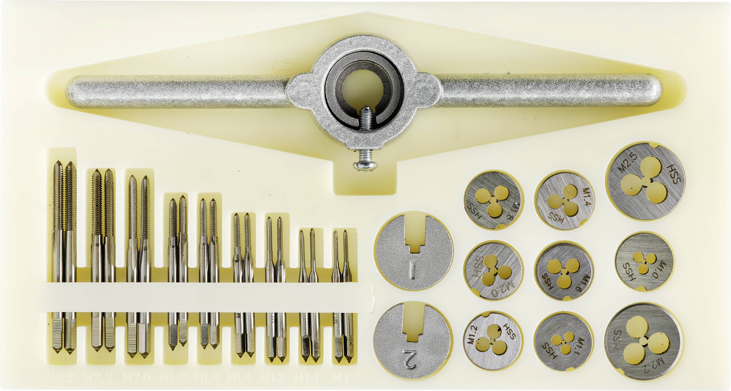 TOOLCRAFT TO-7106694 Einschnittgewindebohrer-Set 30teilig HSS M1, M1.1, M1.2, M1.4, M1.6, M1.8, M2, M2,2, M2.5