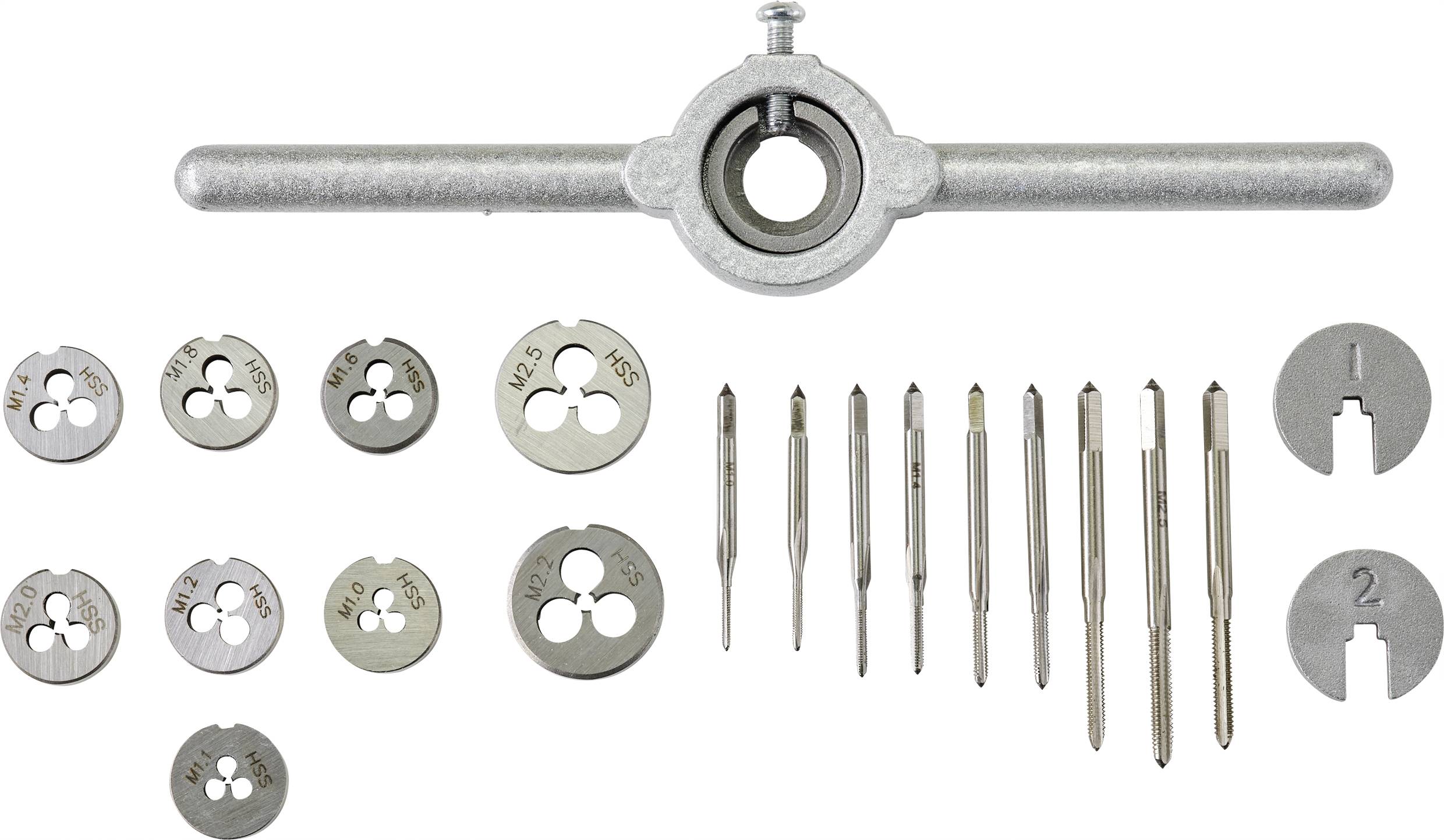 TOOLCRAFT TO-7106694 Einschnittgewindebohrer-Set 30teilig HSS M1, M1.1, M1.2, M1.4, M1.6, M1.8, M2, M2,2, M2.5