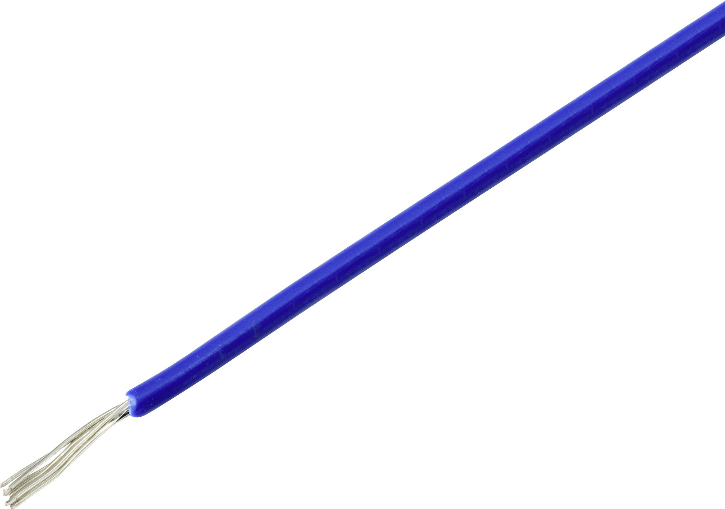 Ein einzelnes blaues, abisoliertes Kabel mit freigelegten metallischen Drähten an einem Ende.