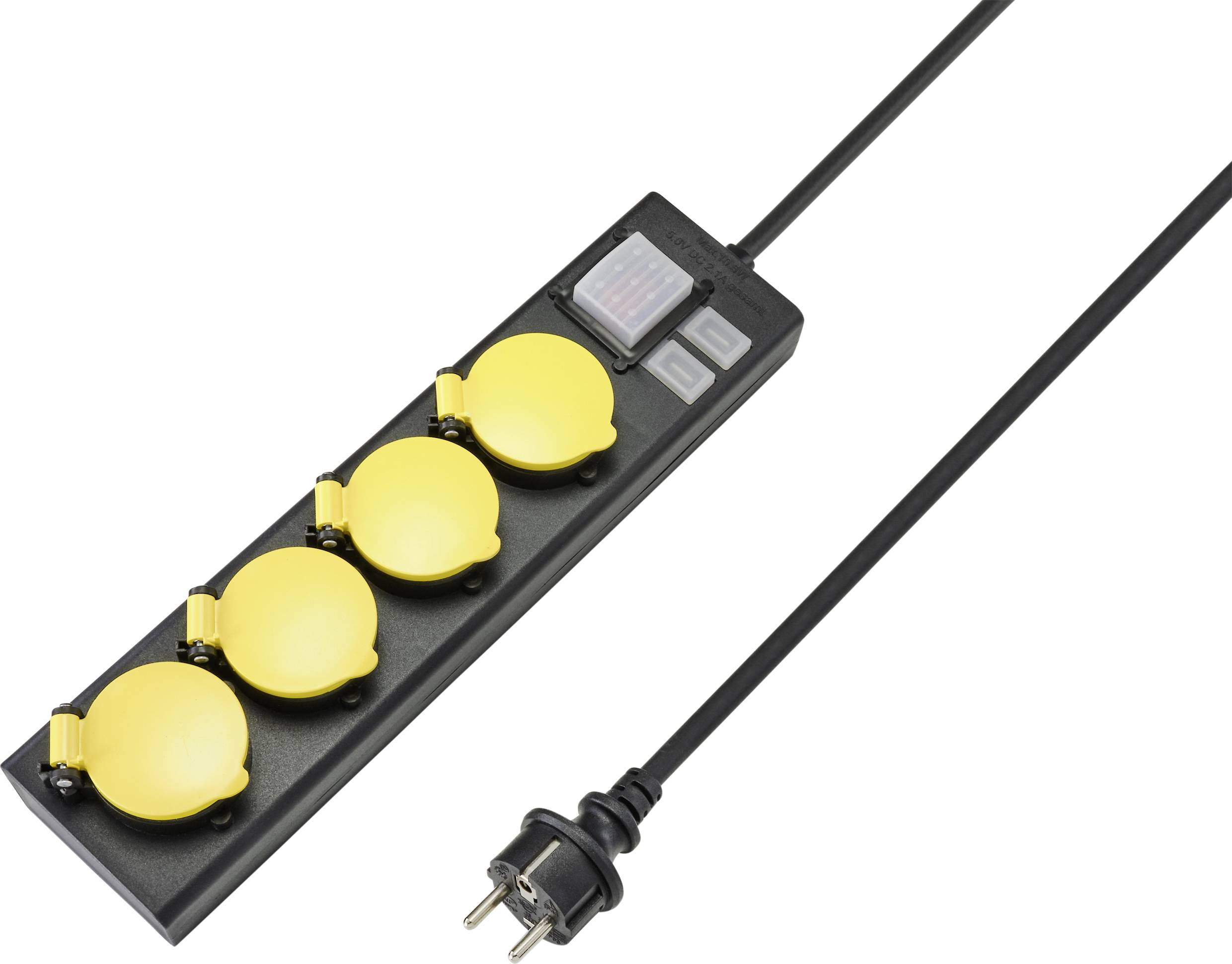 Eine schwarze Steckdosenleiste mit vier gelben Steckplätzen und einem Schalter, angeschlossen an einem Stromkabel mit Stecker.