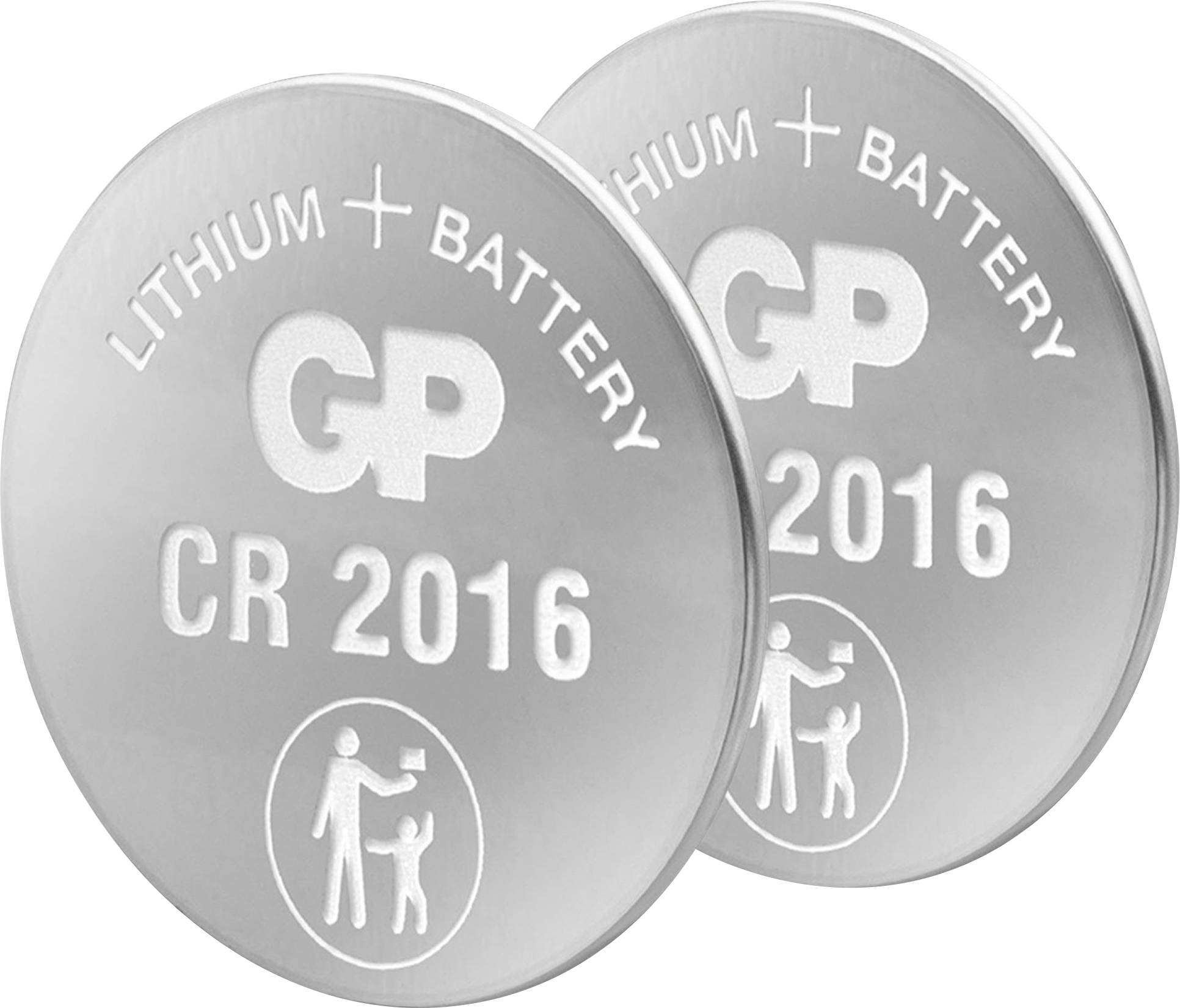 Zwei übereinanderliegende Knopfzellen des Typs GP CR2016 mit der Aufschrift 'LITHIUM BATTERY' und Recycling-Symbol.