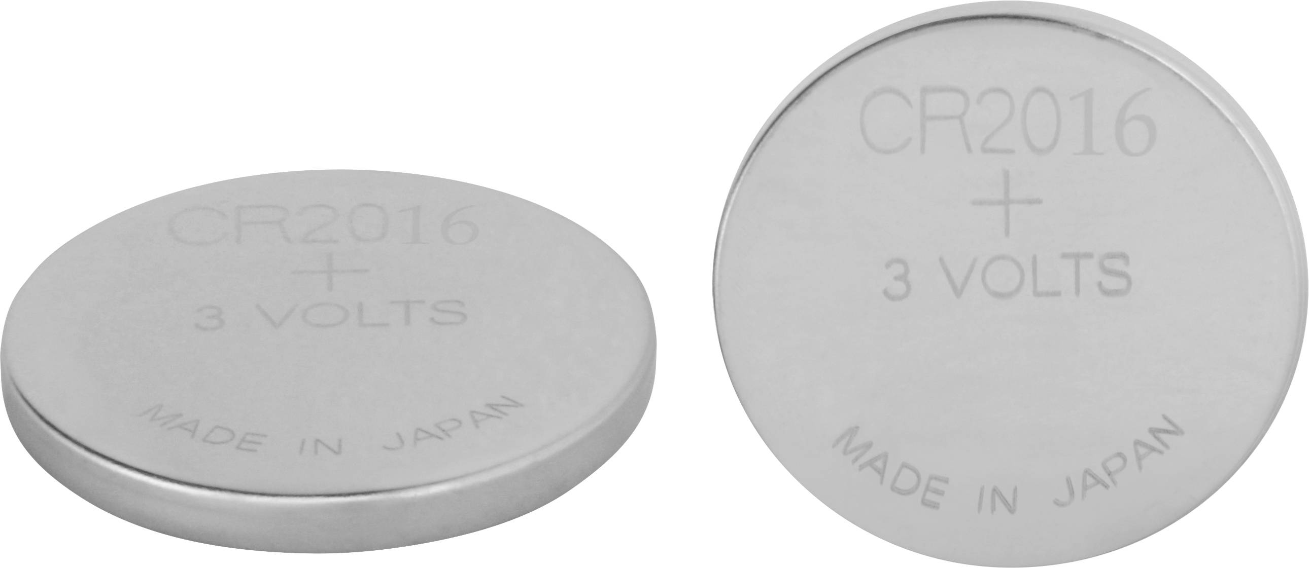 Zwei silberne Knopfzellen-Batterien mit der Aufschrift 'CR2016', '3 VOLTS', 'MADE IN JAPAN'. Eine liegt flach, die andere steht.