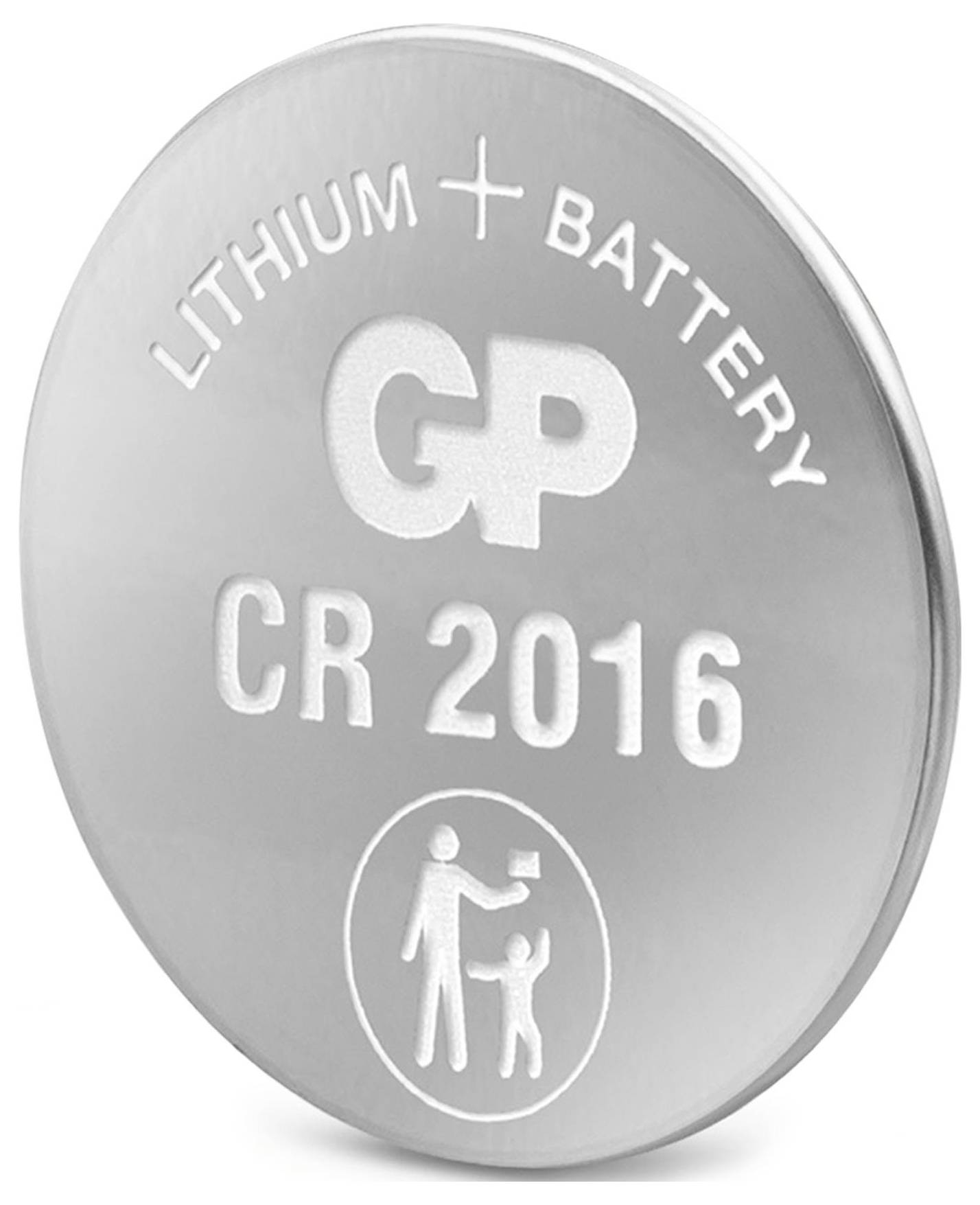 Lithium-Knopfzelle 'GP CR2016' mit Aufdruck und Warnsymbol auf weißem Hintergrund.