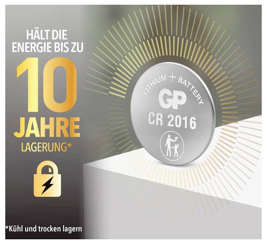 Werbegrafik für eine GP-Lithium-Knopfzelle CR2016: 'Hält die Energie bis zu 10 Jahre Lagerung', mit Hinweis 'Kühl und trocken lagern'.