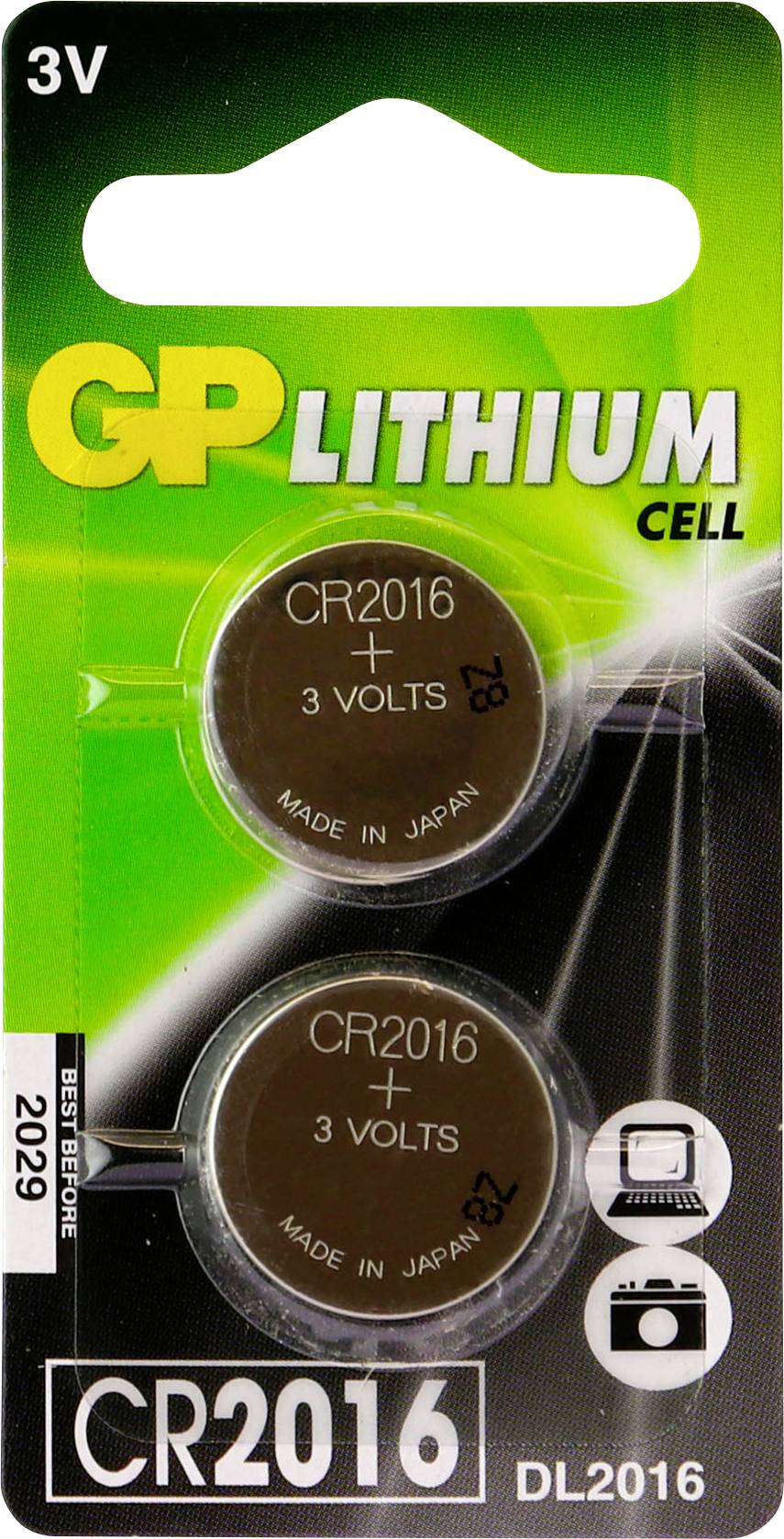 Zwei CR2016 Lithium-Knopfzellen auf einer Blisterverpackung mit grüner Gestaltung. Geeignet für elektronische Geräte und Uhren.
