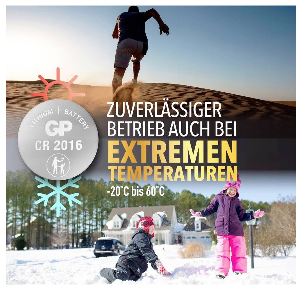 Werbung für Batterie GP CR2016: zuverlässiger Betrieb bei extremen Temperaturen von -20 °C bis 60 °C, gezeigt mit Sommer- und Winterszene.
