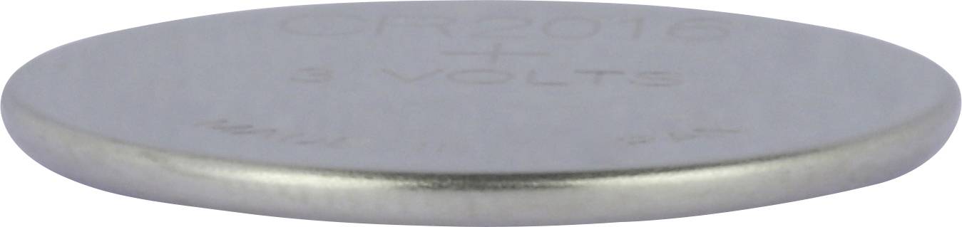 Eine silberne Knopfzelle, markiert mit 'CR2016' und '3 VOLTS', zeigt die geringe Höhe und glänzende Oberfläche der Batterie.