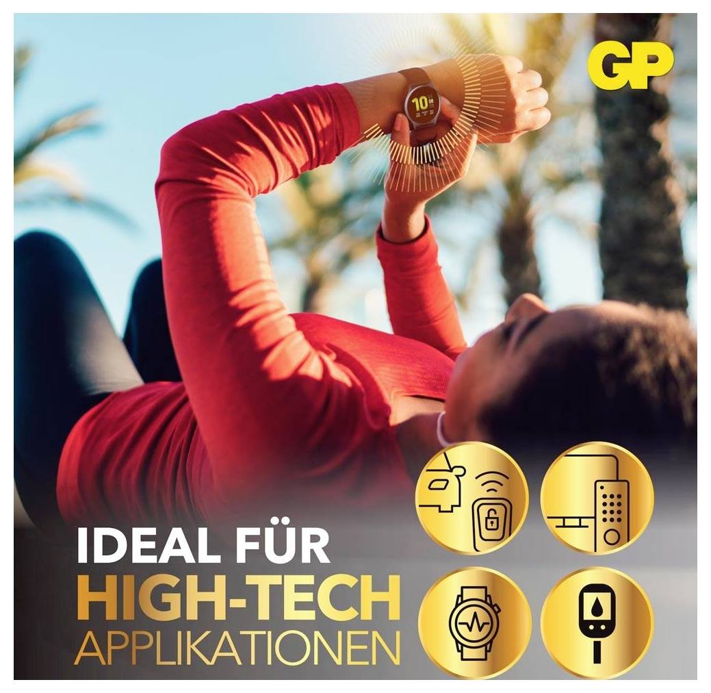 Werbung: Eine Person trainiert im Freien mit einer Smartwatch; Text 'IDEAL FÜR HIGH-TECH APPLIKATIONEN' und vier Symbole für vernetzte Geräte.
