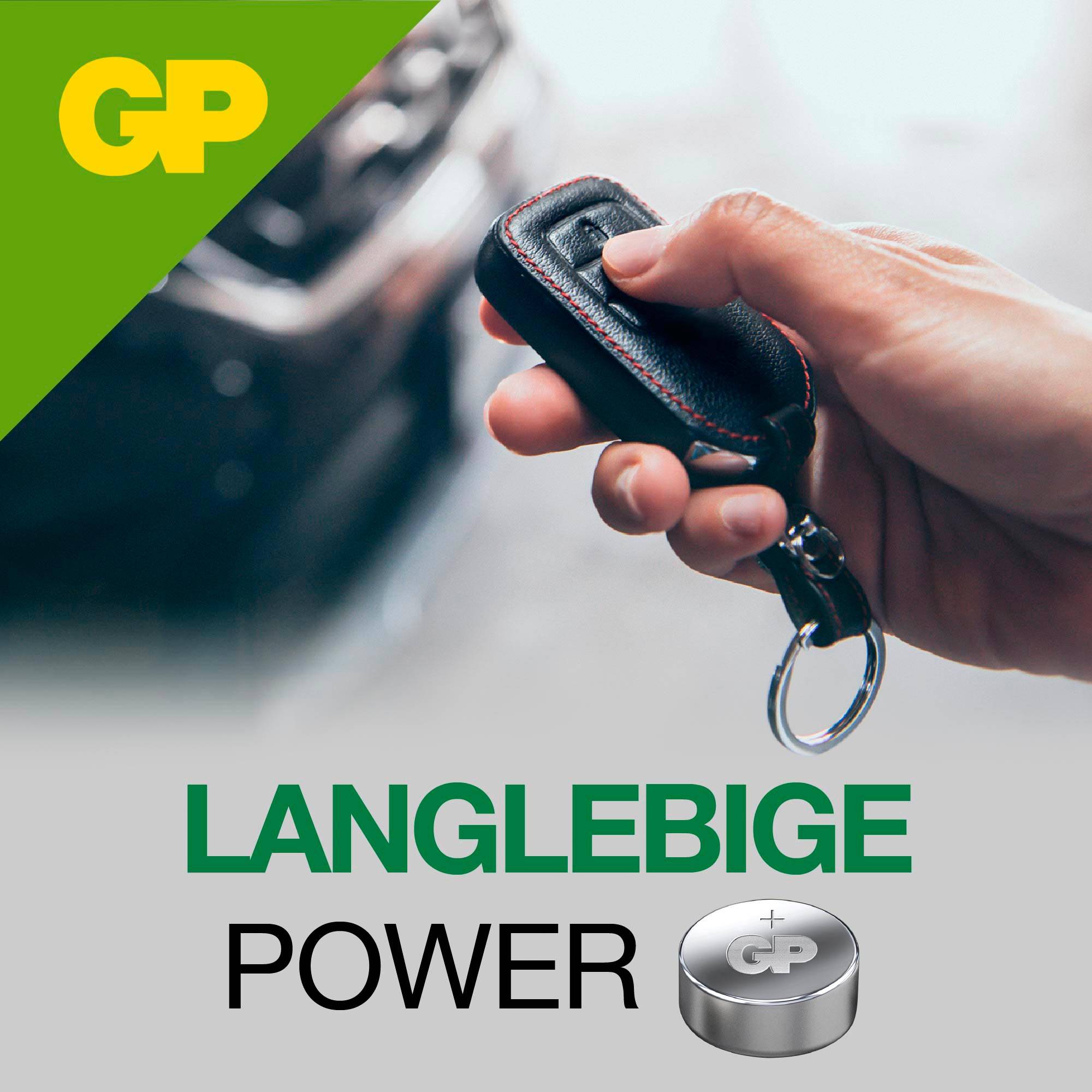 Eine Hand hält einen Autoschlüssel. Im oberen linken Eck ist das GP-Logo. Darunter steht 'Langlebige Power' mit einem Batterie-Symbol.