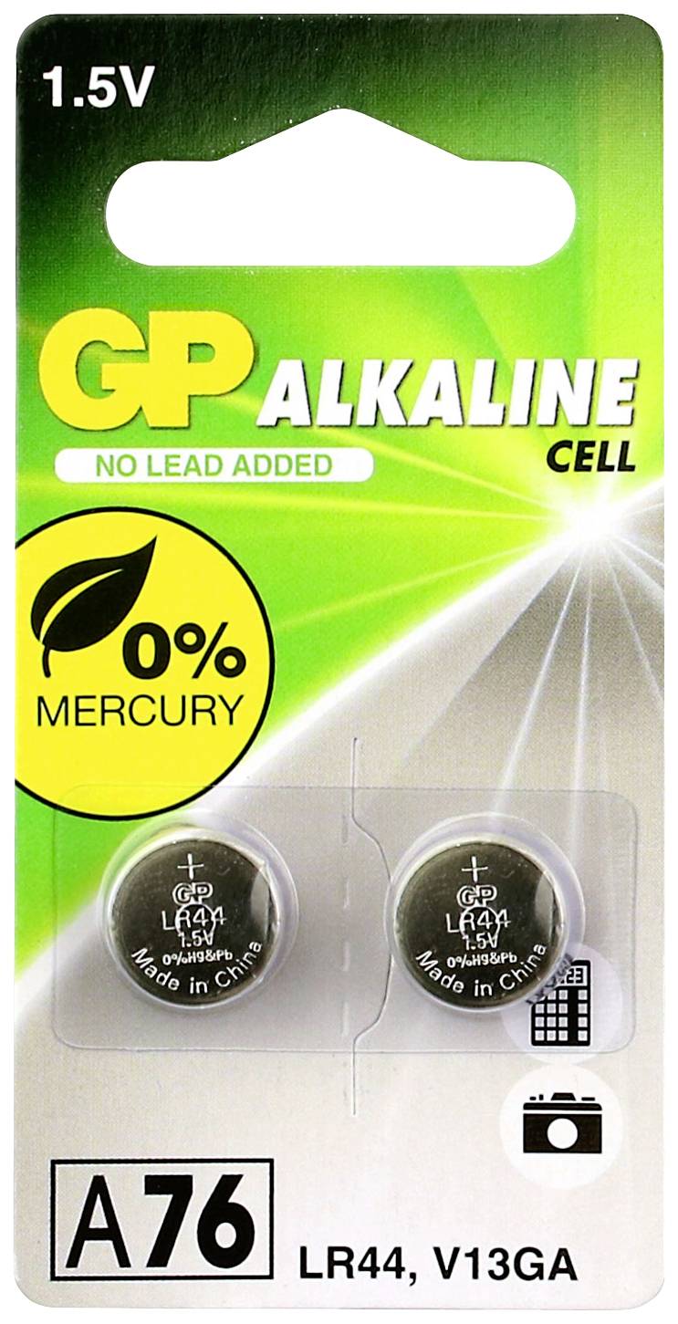 Zwei GP Alkaline-Knopfzellen, Typ LR44 (A76, V13GA), 1,5V, auf Kartenverpackung mit Hinweisen: Kein Quecksilber, bleifrei.