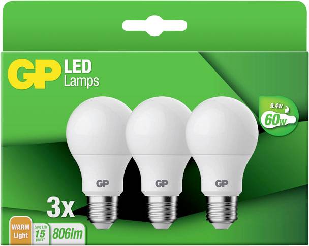 GP GPCLSE27STD687C3 LED EEK F (A - G) E27 Glühlampenform 9.4 W = 60 W Warmweiß (Ø x L) 60 mm x 109 mm 3 St.