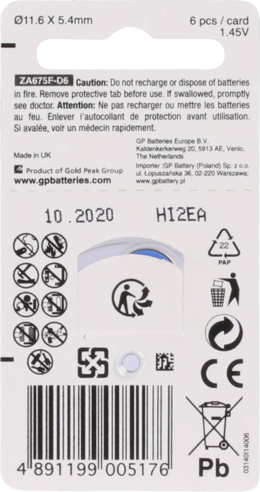 GP Knopfzelle ZA 675 1.4V 6 St. 620 mAh Zink-Luft GPZA675 / PR44