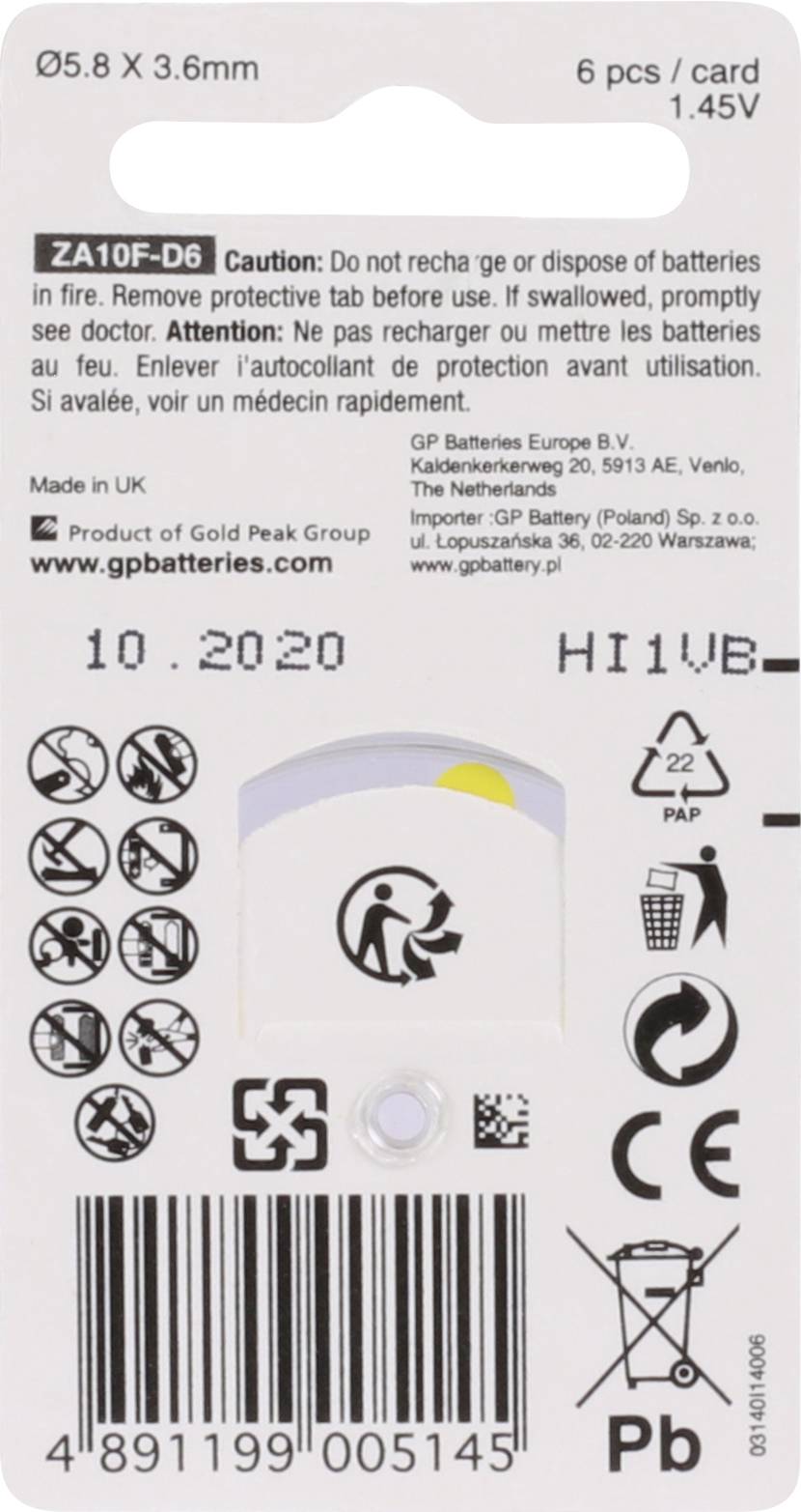GP Knopfzelle ZA 10 1.4 V 6 St. 90 mAh Zink-Luft GPZA10F145C6