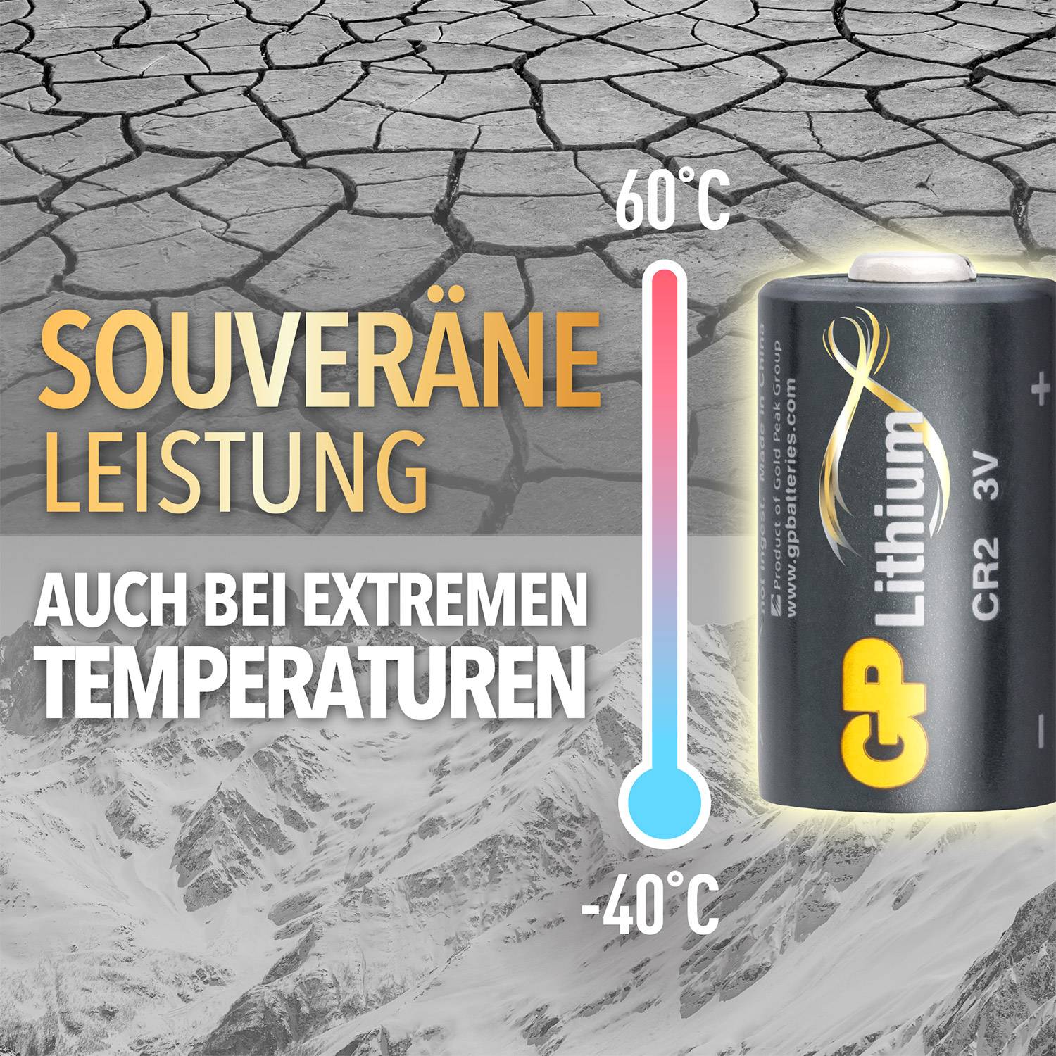 Lithium-Batterie neben Text 'Souveräne Leistung auch bei extremen Temperaturen -40°C bis 60°C' auf trockenem, rissigem Boden.