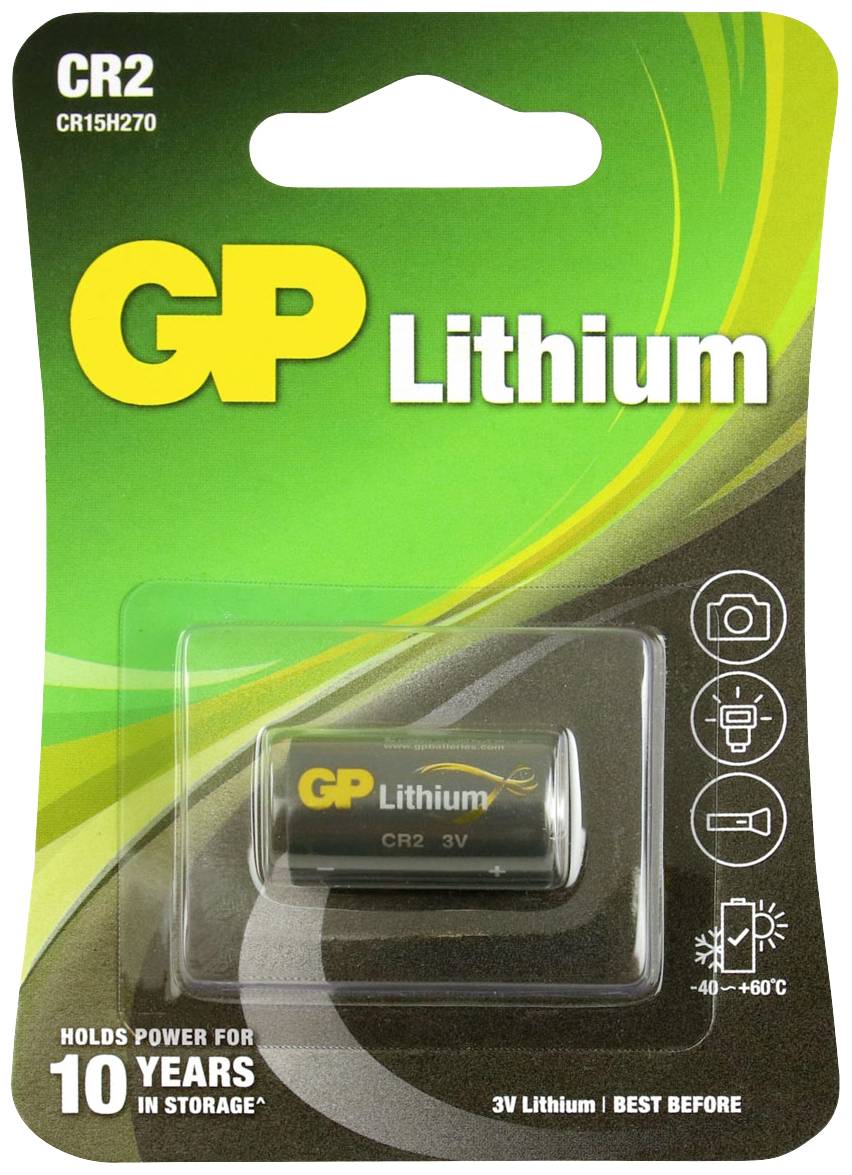 Eine 'GP Lithium CR2'-Batterie in der Verpackung. Sie bietet 3V und verspricht eine Lagerdauer von bis zu 10 Jahren.