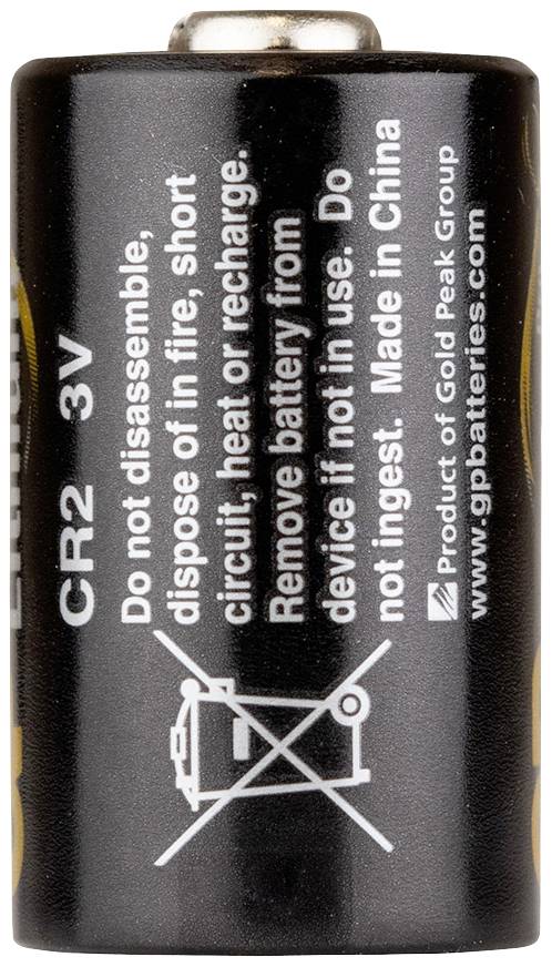 CR2 3V Batterie mit Warnhinweis 'Nicht demontieren, ins Feuer werfen oder wieder aufladen. Außerhalb des Geräts aufbewahren.'
