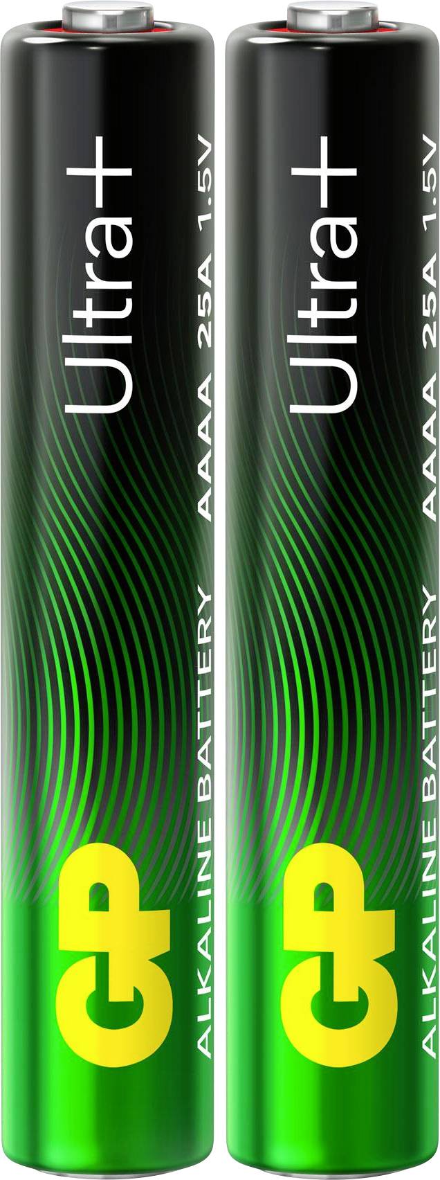 Zwei GP Super Alkaline Batterien der Größe AAAA, 1,5V. Eine ist goldfarben, die andere grün, mit 'ZERO MERCURY & CADMIUM' Text.