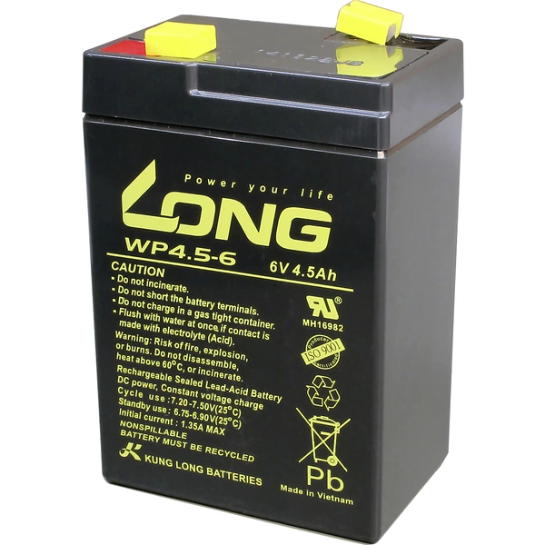 Long WP4.5-6 WP4.5-6 Bleiakku 6 V 4.5 Ah Blei-Vlies (AGM) (B x H x T) 70 x 106 x 47 mm Flachstecker Long WP4.5-6 WP4.5-6 Bleiakku 6 V 4.5 Ah Blei-Vlies (AGM) (B x H x T) 70 x 106 x 47 mm Flachstecker