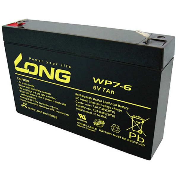 Long WP7-6 WP7-6 Bleiakku 6V 7Ah Blei-Vlies (AGM) (B x H x T) 151 x 100 x 34mm Flachstecker 4.8mm Geringe Selbstentladung Long WP7-6 WP7-6 Bleiakku 6V 7Ah Blei-Vlies (AGM) (B x H x T) 151 x 100 x 34mm Flachstecker 4.8mm Geringe Selbstentladung
