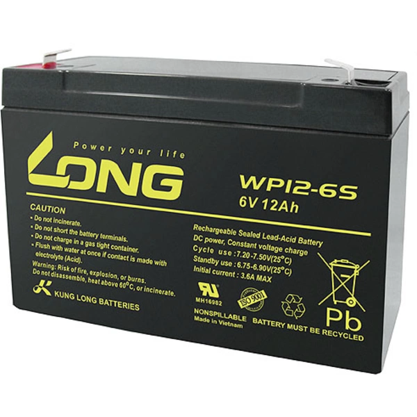 Long WP12-6S WP12-6S Bleiakku 6V 12Ah Blei-Vlies (AGM) (B x H x T) 151 x 99 x 50mm Flachstecker 4.8mm Geringe Selbstentladung Long WP12-6S WP12-6S Bleiakku 6V 12Ah Blei-Vlies (AGM) (B x H x T) 151 x 99 x 50mm Flachstecker 4.8mm Geringe Selbstentladung