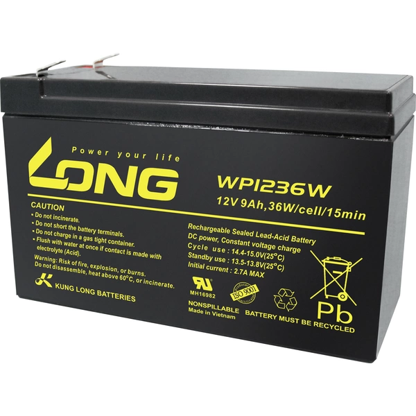 Long WP1236W WP1236W Bleiakku 12 V 9 Ah Blei-Vlies (AGM) (B x H x T) 151 x 102 x 65 mm Flachstecker Long WP1236W WP1236W Bleiakku 12 V 9 Ah Blei-Vlies (AGM) (B x H x T) 151 x 102 x 65 mm Flachstecker