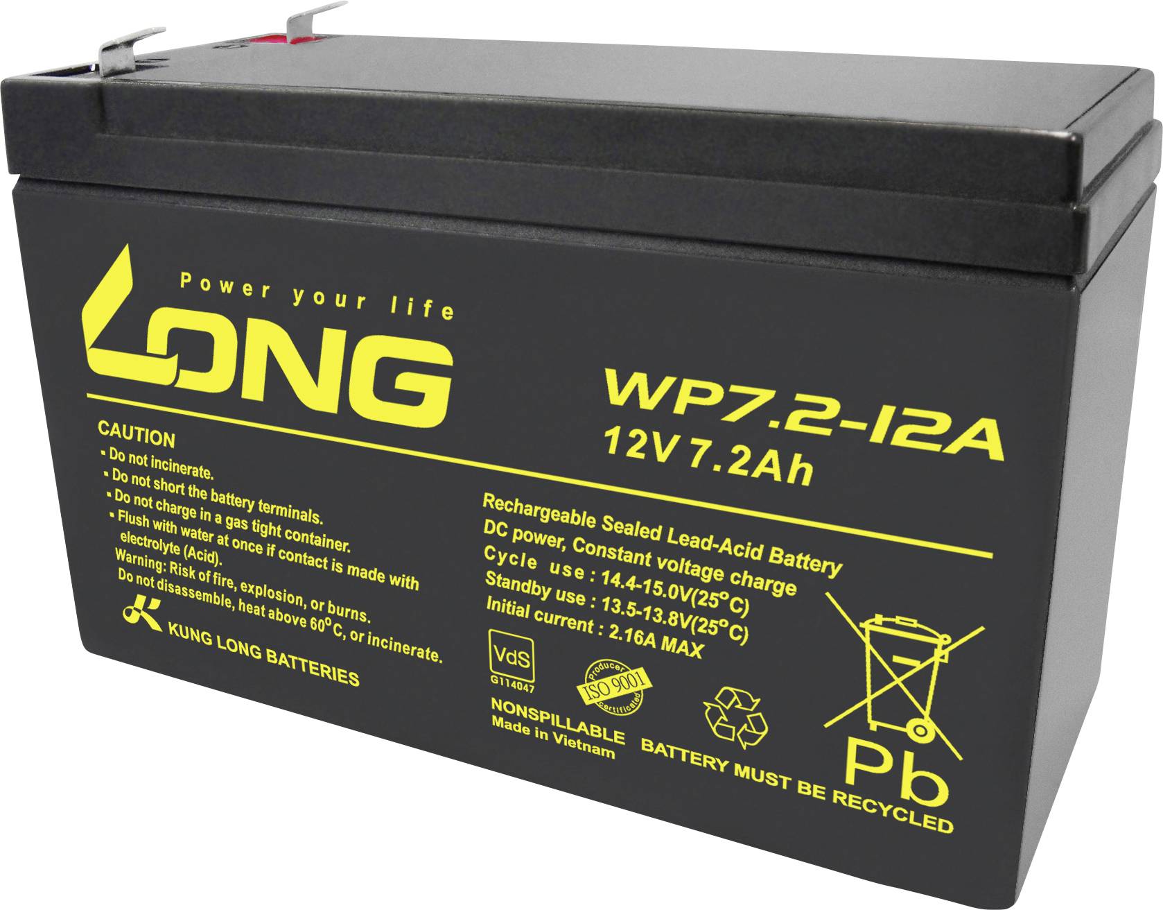 Wiederaufladbare Blei-Säure-Batterie mit 12V und 7,2Ah. Aufschrift warnt vor Kurzschluss und Umkehrung der Polarität.