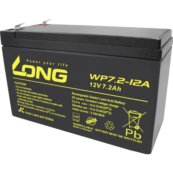 Long WP7.2-12A/F2 WP7.2-12A/F2 Bleiakku 12V 7.2Ah Blei-Vlies (AGM) (B x H x T) 151 x 102 x 65mm Flachstecker 6.35mm