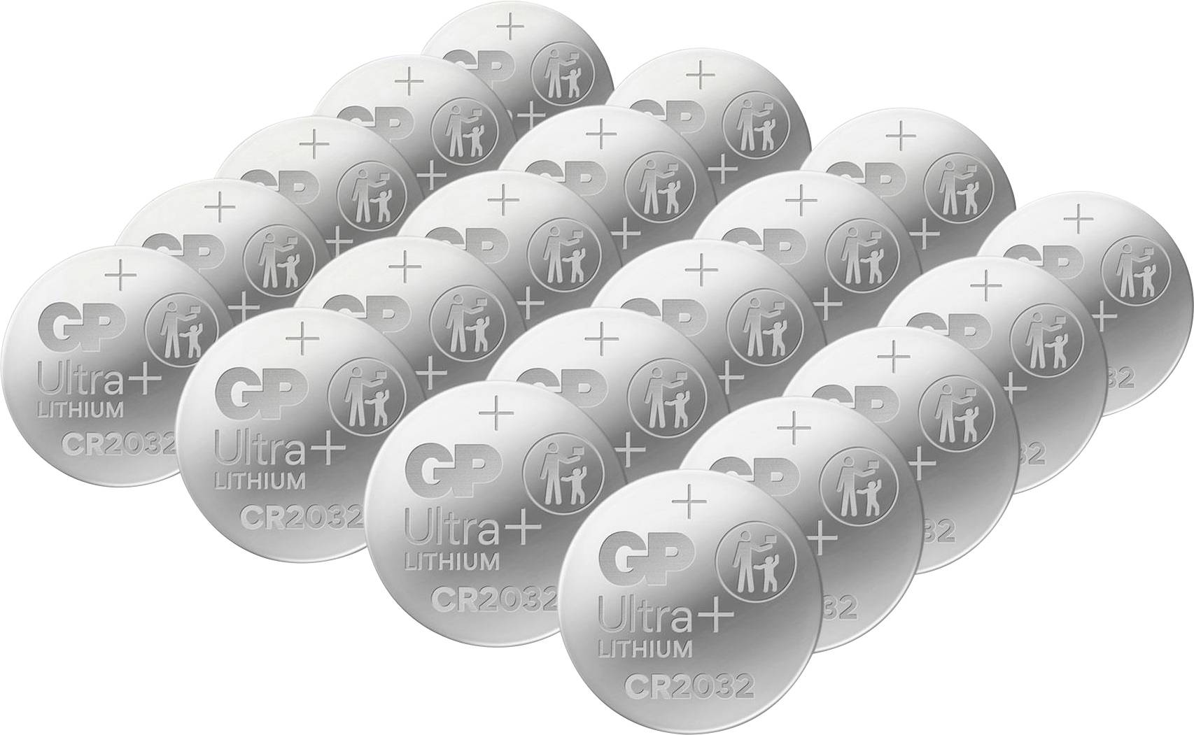 Mehrere silberne Knopfzellenbatterien vom Typ GP Ultra+ Lithium CR2032 sind in einer gestapelten Anordnung auf weißem Hintergrund abgebildet.