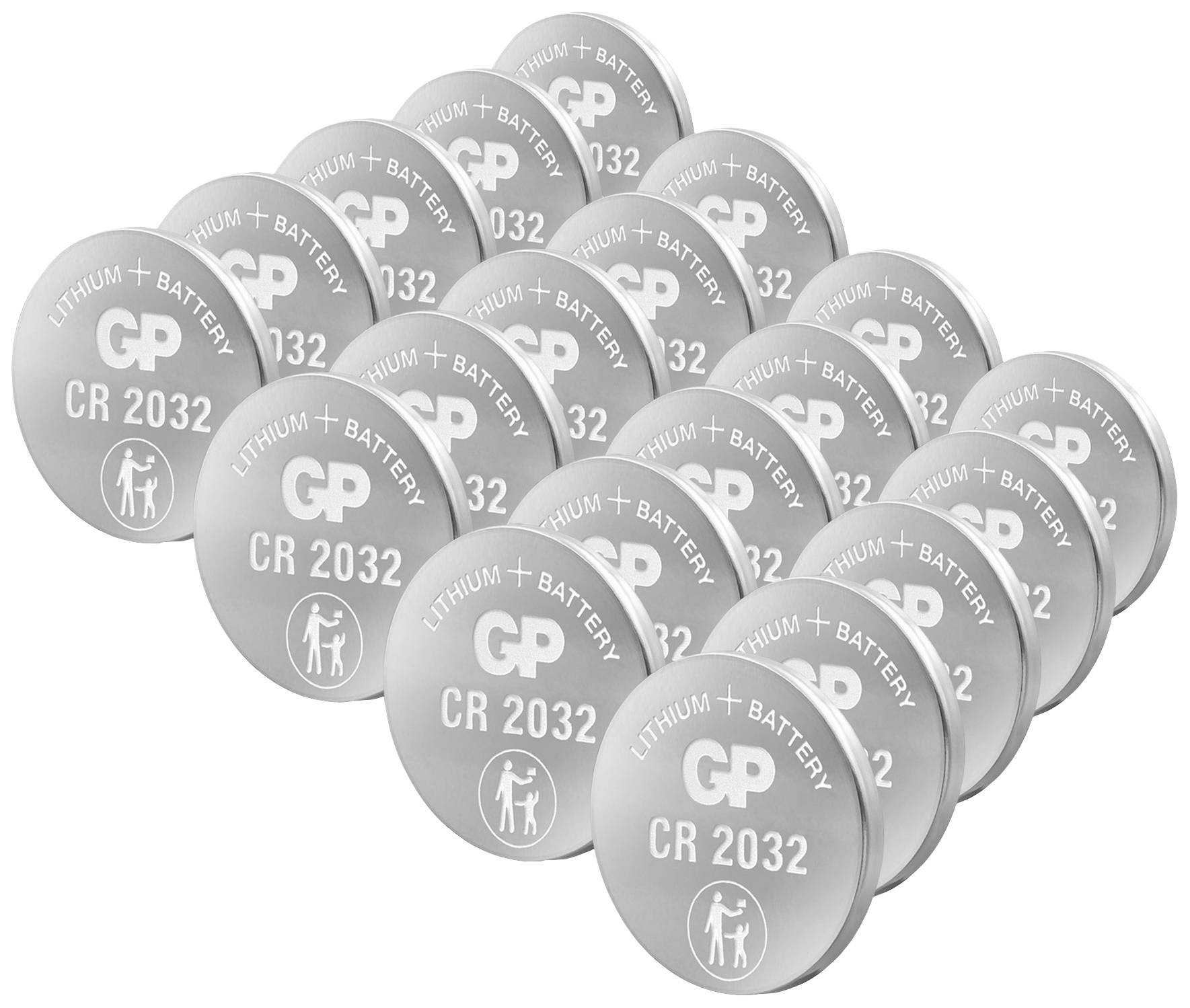 Viele CR2032 Lithium-Batterien der Marke GP sind in Reihen angeordnet.