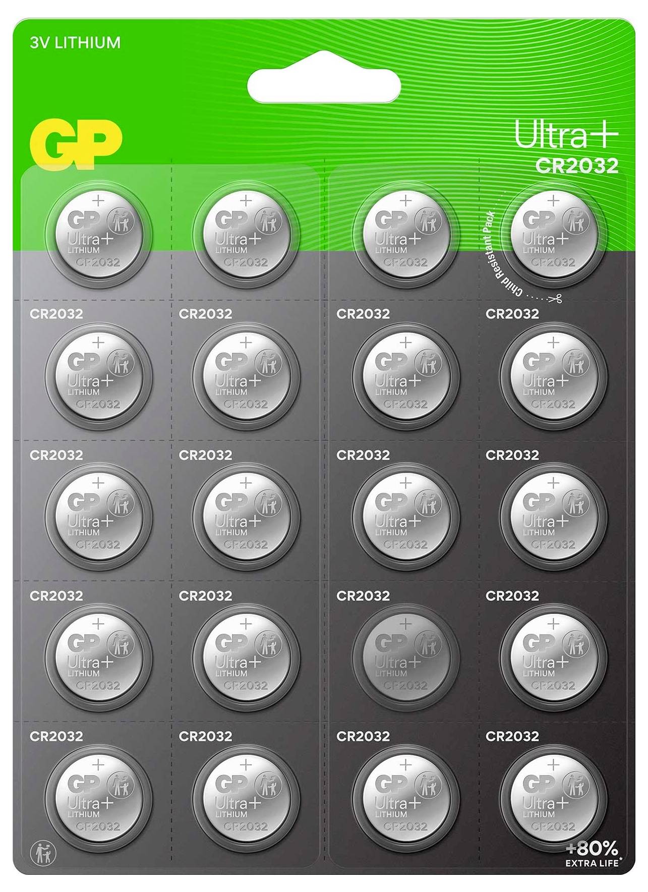 Packung mit sechzehn GP CR2032 Knopfzellenbatterien, ausgelegt für längere Lebensdauer, geeignet für diverse elektronische Geräte.