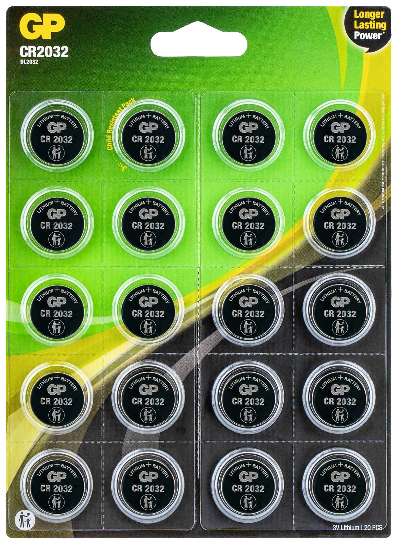 Packung mit sechzehn GP CR2032 Knopfzellenbatterien, ausgelegt für längere Lebensdauer, geeignet für diverse elektronische Geräte.
