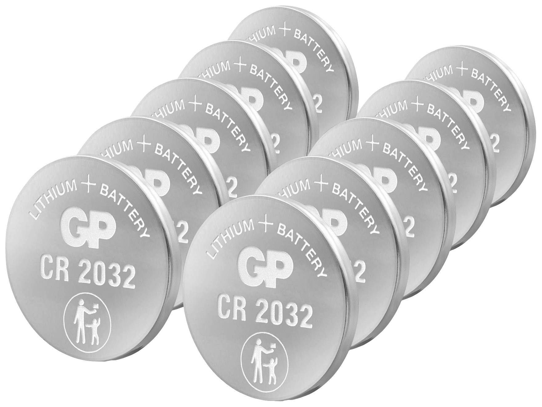 Mehrere silberfarbene CR 2032 Lithium-Batterien der Marke GP, gestapelt in zwei Reihen. Jede Batterie trägt das Logo und eine Warnung.