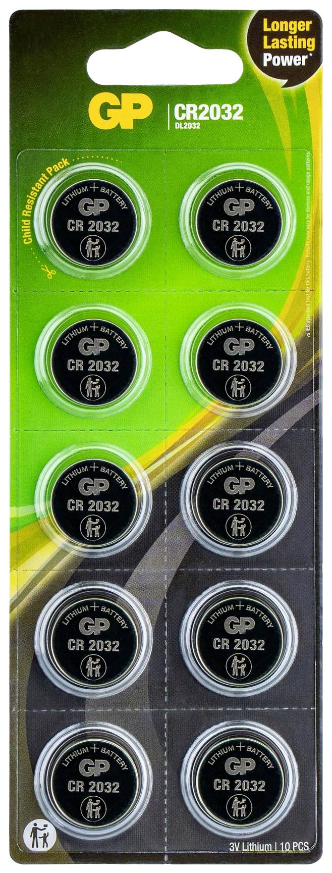 Acht CR2032 Batterien von GP auf einer Blisterverpackung. Text: Longer Lasting Power.