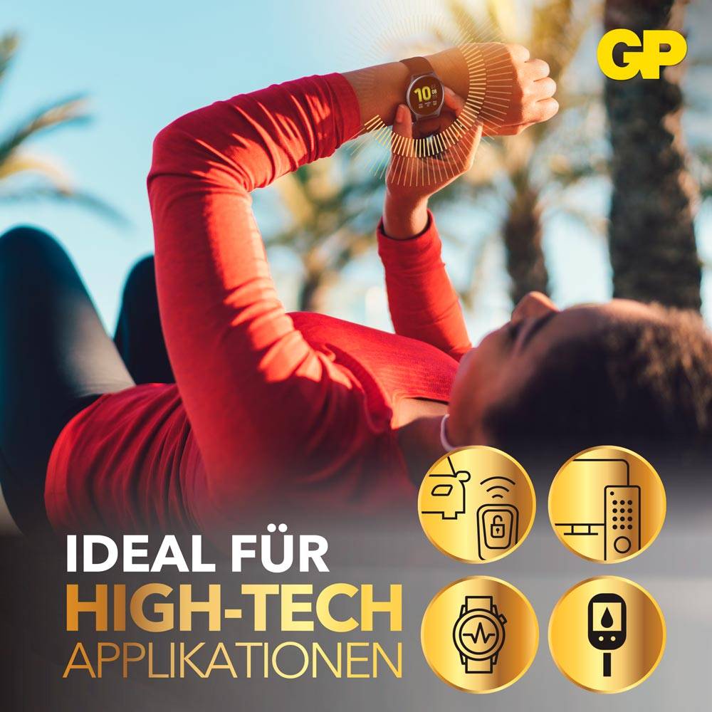 Person entspannt in der Sonne, trägt Smartwatch mit '10:10' am Display. Text 'Ideal für High-Tech-Applikationen'. Symbole für Technologie.