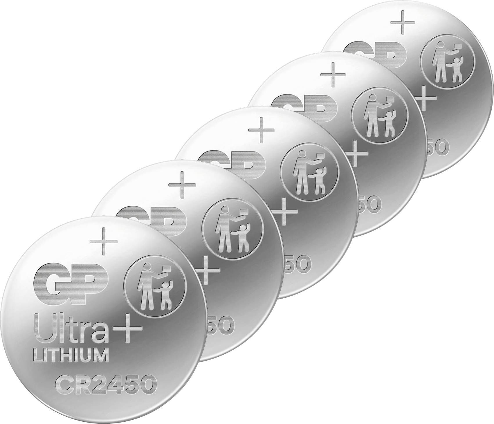Vier gestapelte GP Ultra Lithium CR2450-Knopfzellenbatterien in Reihe auf weißem Hintergrund.