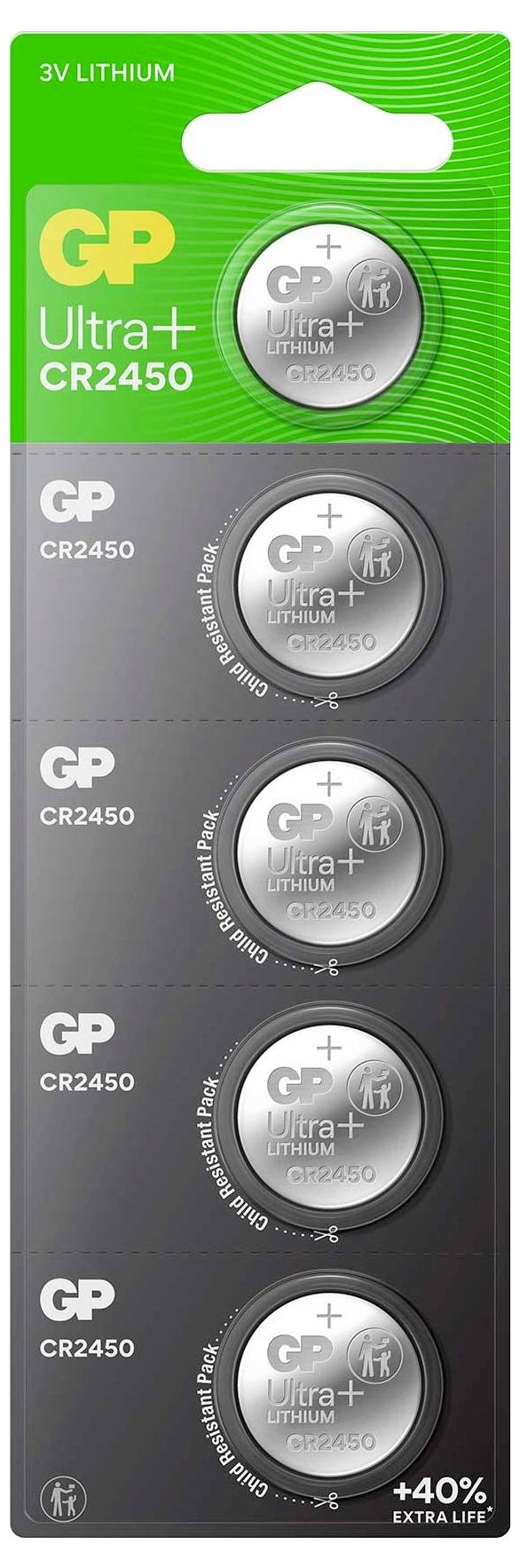 Verpackung mit fünf GP CR2032 Knopfzellen, 3V Lithium, dargestellt in einer Reihe. Verpackung informiert über lange Lebensdauer.
