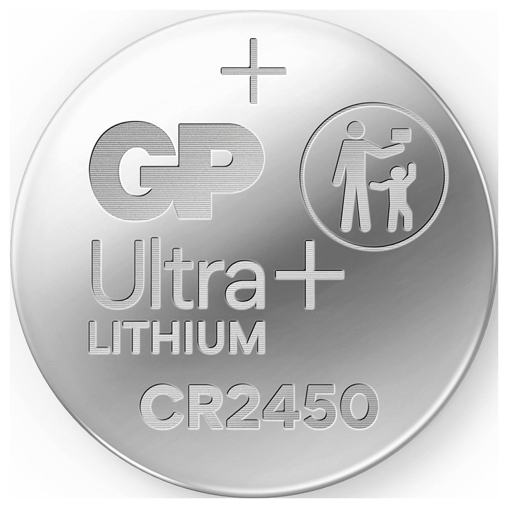 Silver CR2450 button cell with 'GP Ultra+ Lithium' imprint and child safety symbol.