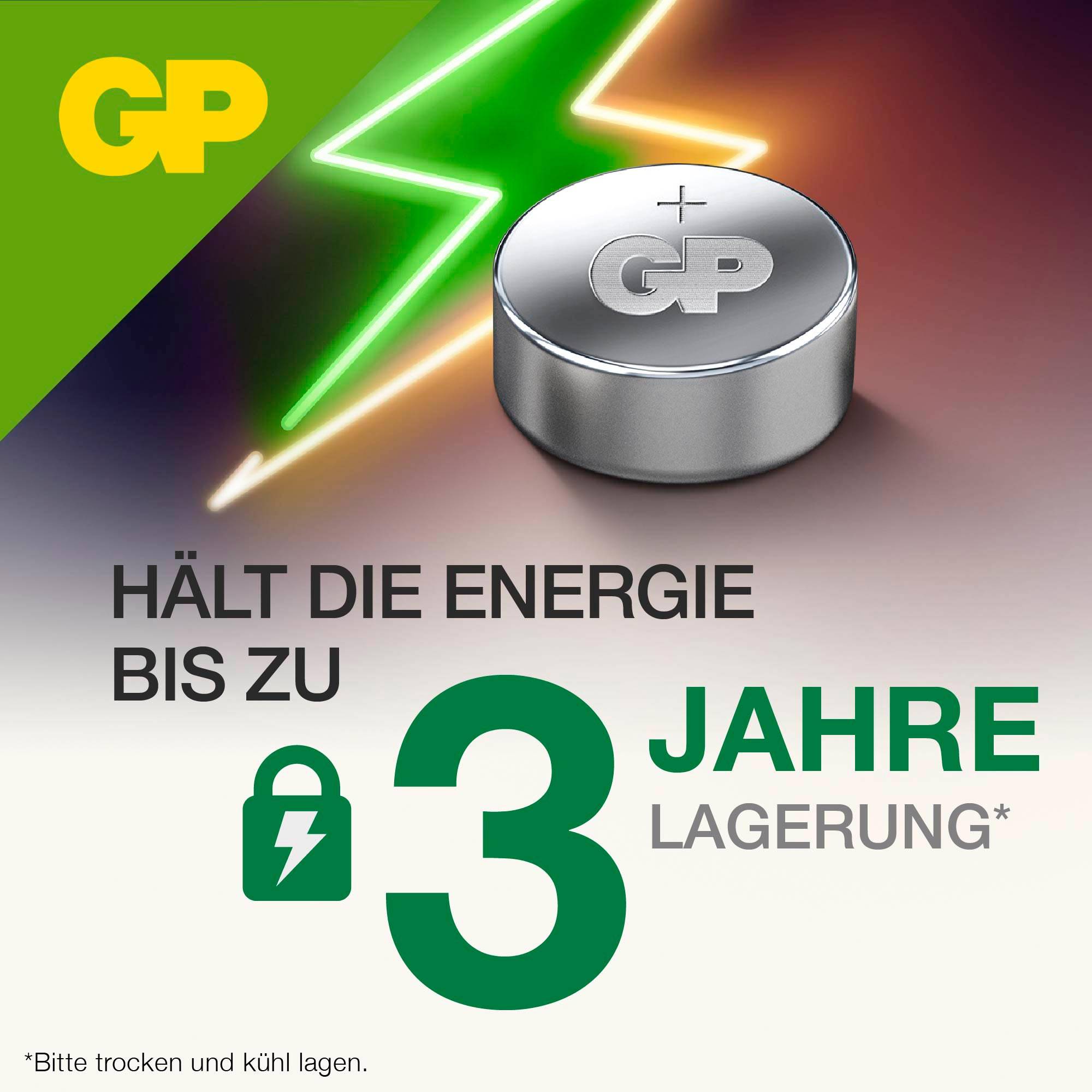 Ein silberner Knopfzellenakku mit grünem Blitzsymbol. Text: 'Hält die Energie bis zu 3 Jahre Lagerung'.