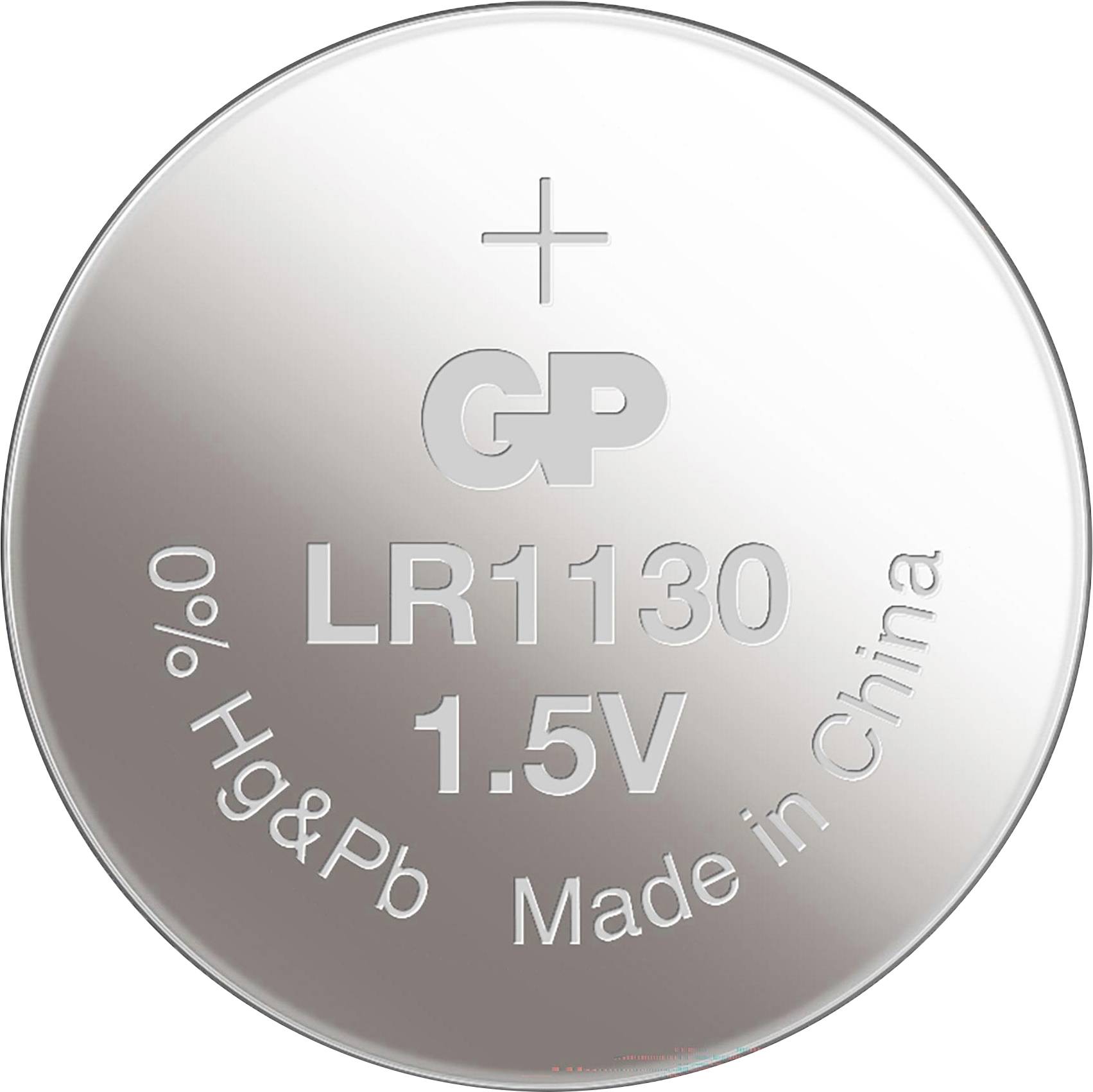 Silberne Knopfzelle GP LR1130, 1,5 V, mit Pluszeichen und Aufdruck 'Hg&Pb 0%', 'Made in China'.